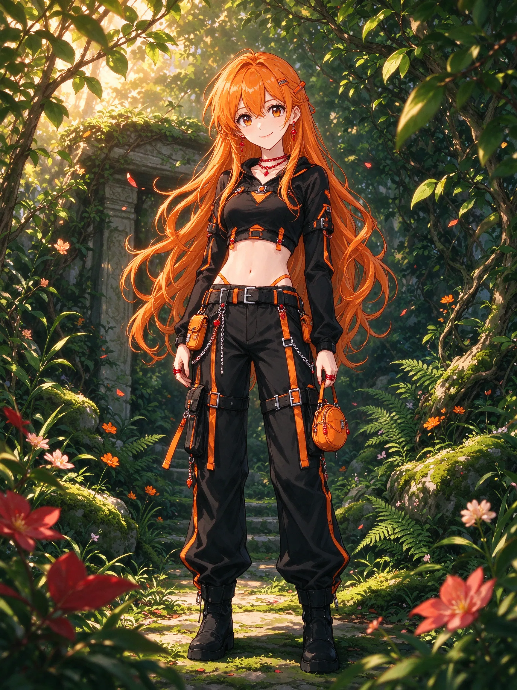 Mache in Mädchen mit orsgngenen Haaren lange und ein y2k autfit mit schwarz und orangen sie soll rote und ein Ornaments qugen haben Mann doll sie von vorneweg sehen