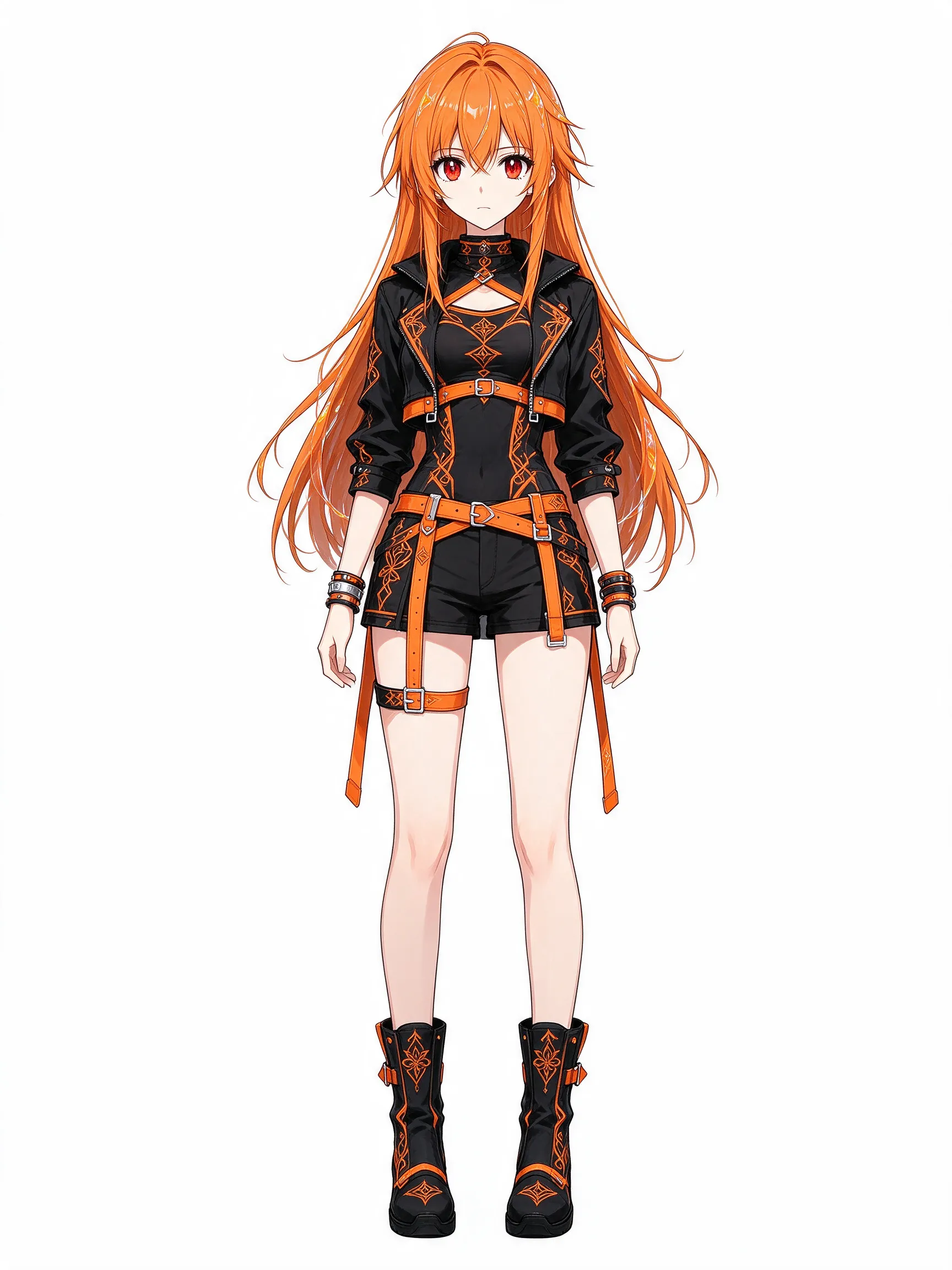 Mache in Mädchen mit orsgngenen Haaren lange und ein y2k autfit mit schwarz und orangen sie soll rote und ein Ornaments qugen haben Mann doll sie von vorneweg sehen aber ohne Hintergrund einfach weiß sie soll nicht lächeln s9 wundschreibt normaler Blick such keine Pose