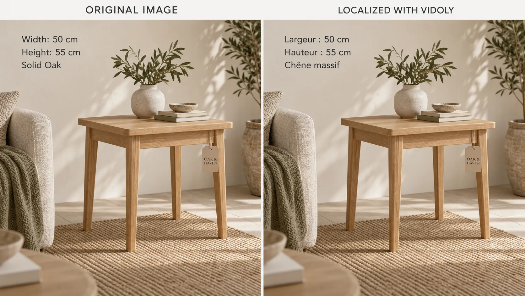 Create a sophisticated 16:9 side-by-side product-image localization comparison for the fictional furniture brand “OAK & HAVEN”. Each panel must show the same realistic light-oak side table with a rectangular top, four clean tapered legs, visible natural wood grain, and a small matching branded product tag. Place the table in a refined neutral interior with a warm plaster wall, soft daylight, and subtle natural shadows. Label the panels “ORIGINAL IMAGE” and “LOCALIZED WITH VIDOLY”. The original English product image contains a compact information block with three lines: “Width: 50 cm” “Height: 55 cm” “Solid Oak” The localized French product image contains: “Largeur : 50 cm” “Hauteur : 55 cm” “Chêne massif” The product photography, table scale, perspective, background, information-block location, typography hierarchy, line spacing, and alignment must remain consistent. Change only the text language. Preserve the numeric values exactly. Allow sufficient width for the French text without shrinking it excessively, overlapping other elements, or moving the information block. Use an understated premium furniture-catalog aesthetic with realistic wood texture, carefully controlled highlights, and clear text. Both panels should feel like the same original creative asset, not two separately designed advertisements. Do not add new dimensions, wood-origin claims, sustainability badges, certification logos, or unsupported product features. Do not show multiple languages within either panel. The dimensions and material are illustrative and should be verified before commercial use. Leave clean text areas for manual typesetting if exact accents and punctuation cannot be rendered reliably.