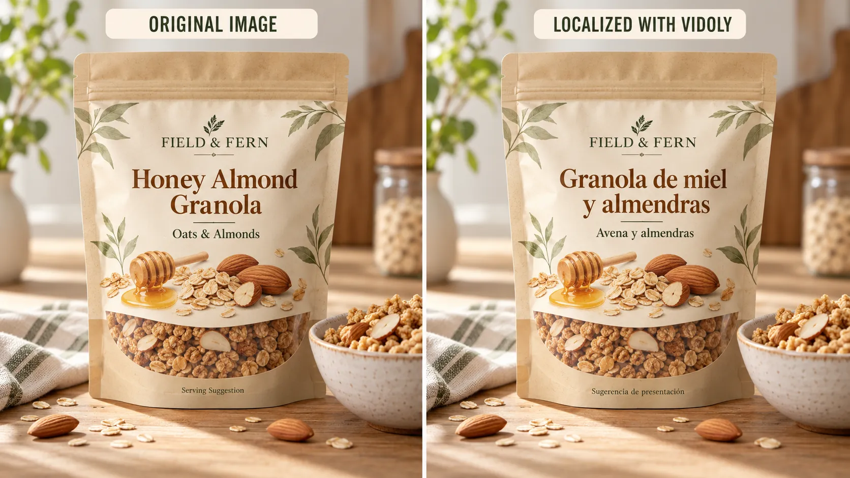 Create a polished 16:9 ecommerce before-and-after comparison for a fictional packaged-food brand, “FIELD & FERN”. Show two equal-sized panels labeled “ORIGINAL IMAGE” and “LOCALIZED WITH VIDOLY”. Both panels feature the same realistic stand-up granola pouch with a resealable top, warm cream-and-kraft packaging, a small illustration of oats and almonds, a clearly printed FIELD & FERN brand name, and a small bowl of granola beside the package. Use premium natural-food product photography with soft daylight and a warm neutral background. Original English product-image text: “Honey Almond Granola” “Oats & Almonds” “Serving Suggestion” Spanish localized product-image text: “Granola de miel y almendras” “Avena y almendras” “Sugerencia de presentación” The right panel must be a faithful localization of the left panel. Keep the pouch, bowl, ingredient illustration, package proportions, lighting, shadows, background, text-block positions, font hierarchy, and spacing unchanged. Translate only the three specified text elements. Ensure the longer Spanish product name fits within the original text area without obscuring the illustration or changing the package shape. The two images must not mix English and Spanish copy within the same product image. Do not invent nutrition facts, allergy statements, organic certifications, health claims, ingredients beyond those explicitly shown, or regulatory labels. No watermark or real-brand logo. Prioritize accurate Spanish spelling, accents, clean alignment, and legibility. If the image model cannot reproduce the text exactly, leave the text areas blank and clean for manual typesetting.
