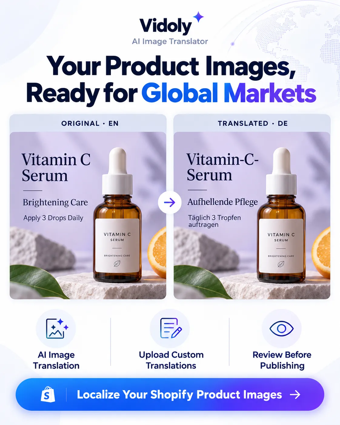 Create a premium SaaS-style Facebook promotional graphic for Vidoly AI Image Translator, vertical 4:5 ratio, 1080×1350. Clean, modern, conversion-focused design with a white and cool-gray background, navy typography, electric-blue and violet accents, subtle gradients, and polished e-commerce visuals. **Headline:** “Your Product Images, Ready for Global Markets” **Main visual:** Show a clear before-and-after comparison using the same skincare serum product image in two side-by-side panels. Left panel labeled “ORIGINAL · EN” with readable text: “Vitamin C Serum”, “Brightening Care”, “Apply 3 Drops Daily”. Right panel labeled “TRANSLATED · DE” with corresponding German text: “Vitamin-C-Serum”, “Aufhellende Pflege”, “Täglich 3 Tropfen auftragen”. Keep the product bottle, background, colors, composition, and text placement consistent. Only the language changes. Ensure translations are legible, correctly spelled, and neatly aligned. Add a subtle arrow between panels to communicate image localization. Below, include three concise feature labels with simple icons: “AI Image Translation”, “Upload Custom Translations”, “Review Before Publishing”. Add a clear bottom CTA: “Localize Your Shopify Product Images”. Maintain strong visual hierarchy, generous whitespace, sharp details, and mobile-friendly readability. Make it look like a professional B2B e-commerce software campaign, not a generic AI poster. No fake statistics, testimonials, extra languages, watermarks, or unrelated logos. If accurate text rendering is unreliable, leave clean text areas for manual typesetting. Use the actual Vidoly translation output for the final comparison whenever possible.