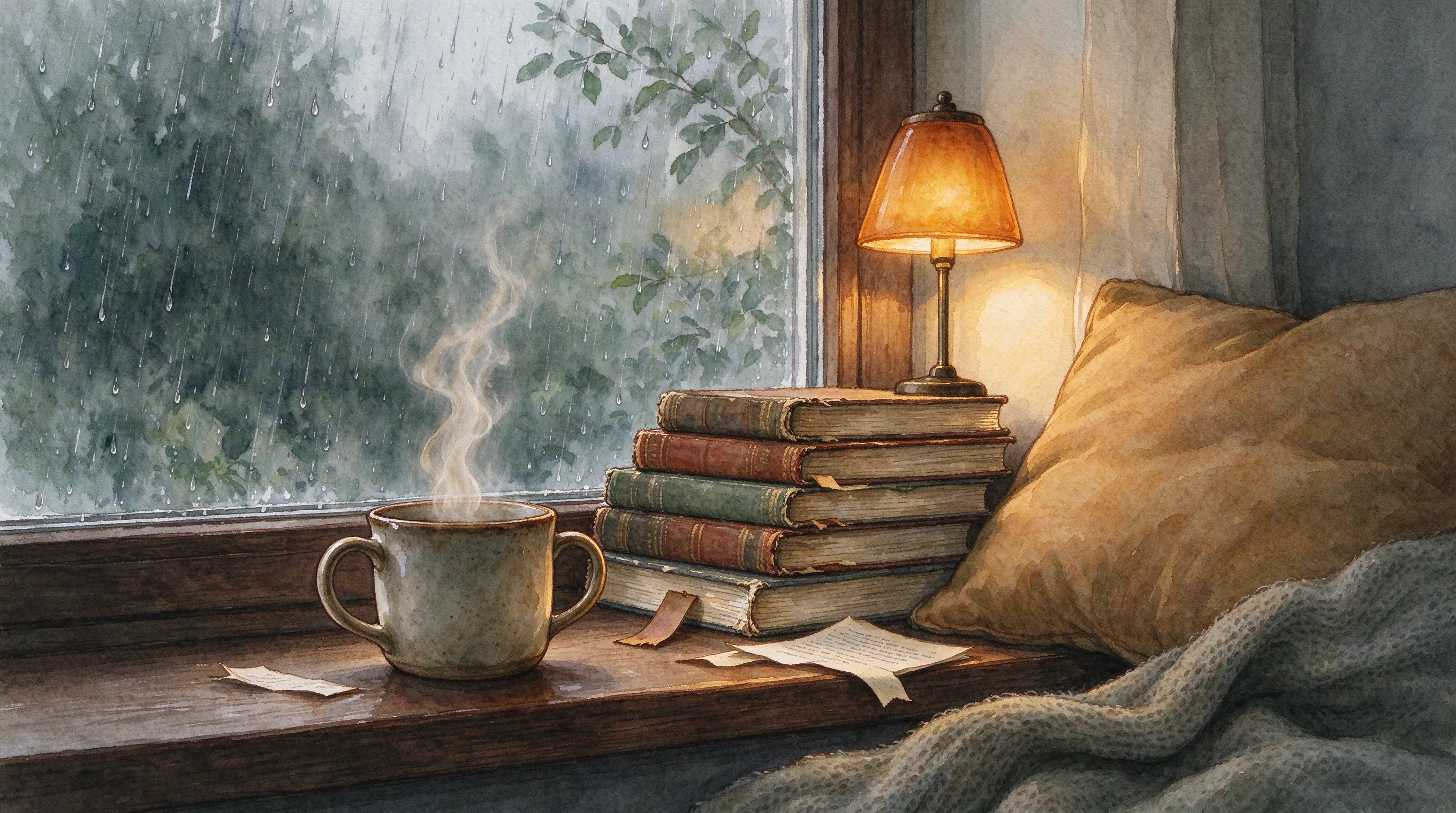 A cozy reading nook by a rainy window, warm amber lamp light, stack of old books, steaming ceramic mug, soft watercolor illustration style, muted earth tones, gentle grain texture