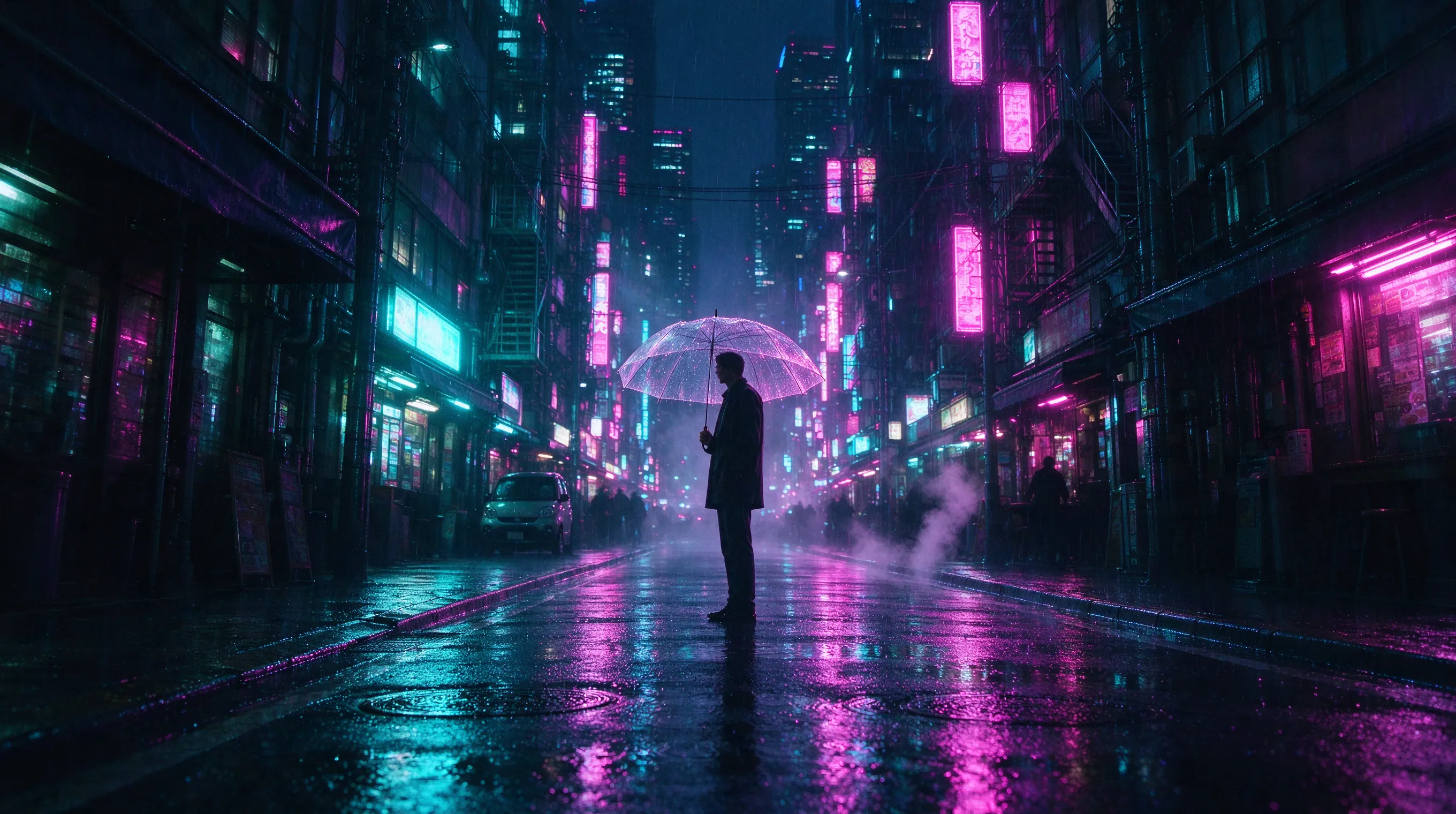 A futuristic Tokyo street at night, neon signs reflecting on wet pavement, a lone figure with a transparent umbrella, cinematic wide shot, cyberpunk color palette of magenta and cyan, volumetric fog, 35mm film look