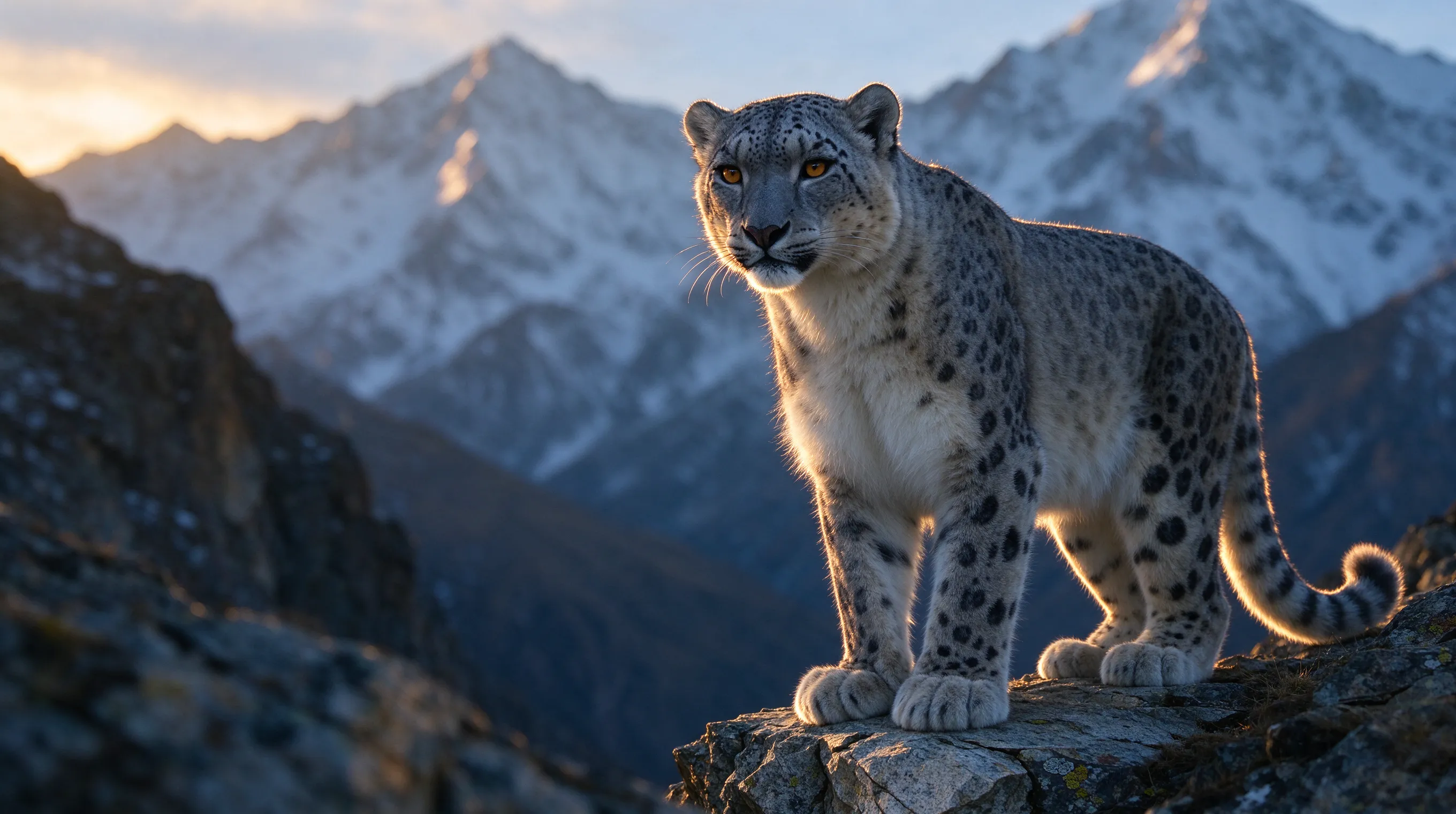 A majestic snow leopard on a rocky cliff at golden hour, ultra-detailed fur, dramatic side lighting, shallow depth of field, National Geographic wildlife photography style, 85mm telephoto lens