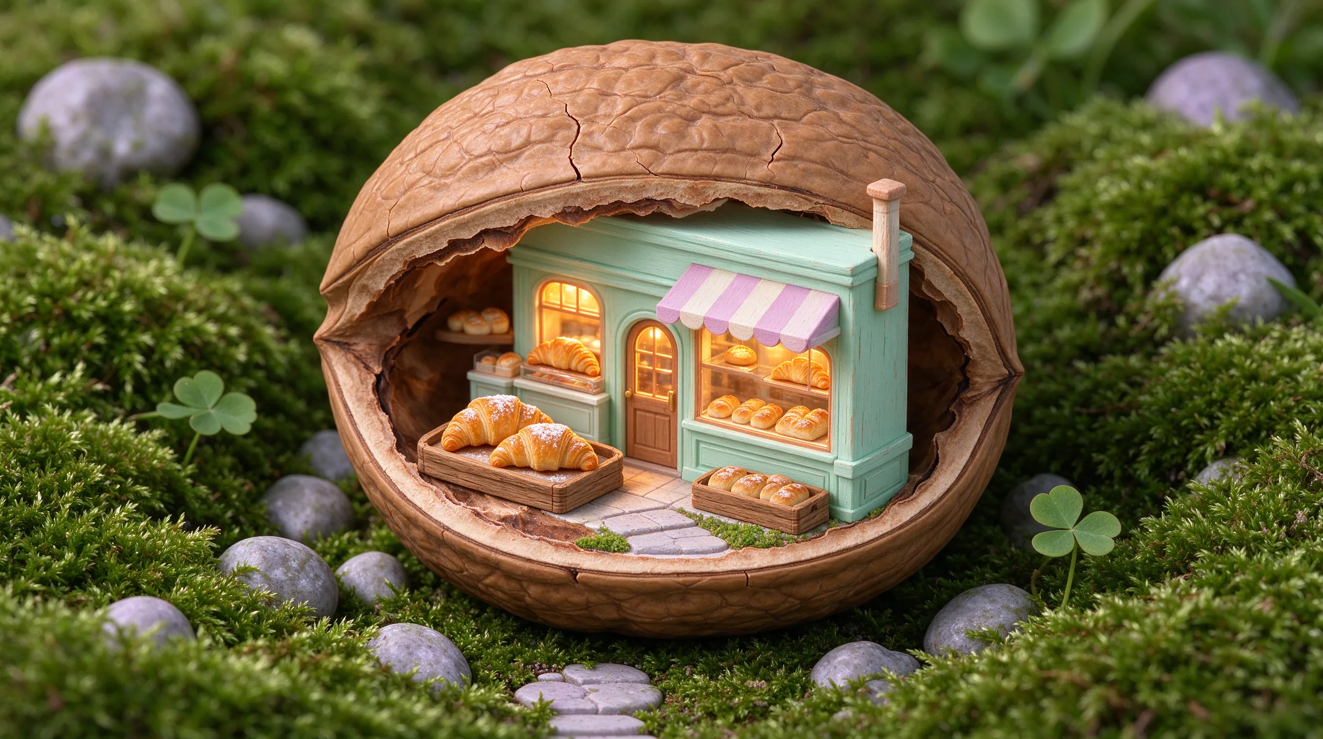 An isometric miniature diorama of a tiny bakery inside a walnut shell, warm glowing windows, tiny croissants and bread loaves, moss and pebbles around it, soft studio lighting, 3D render, octane render, pastel color scheme