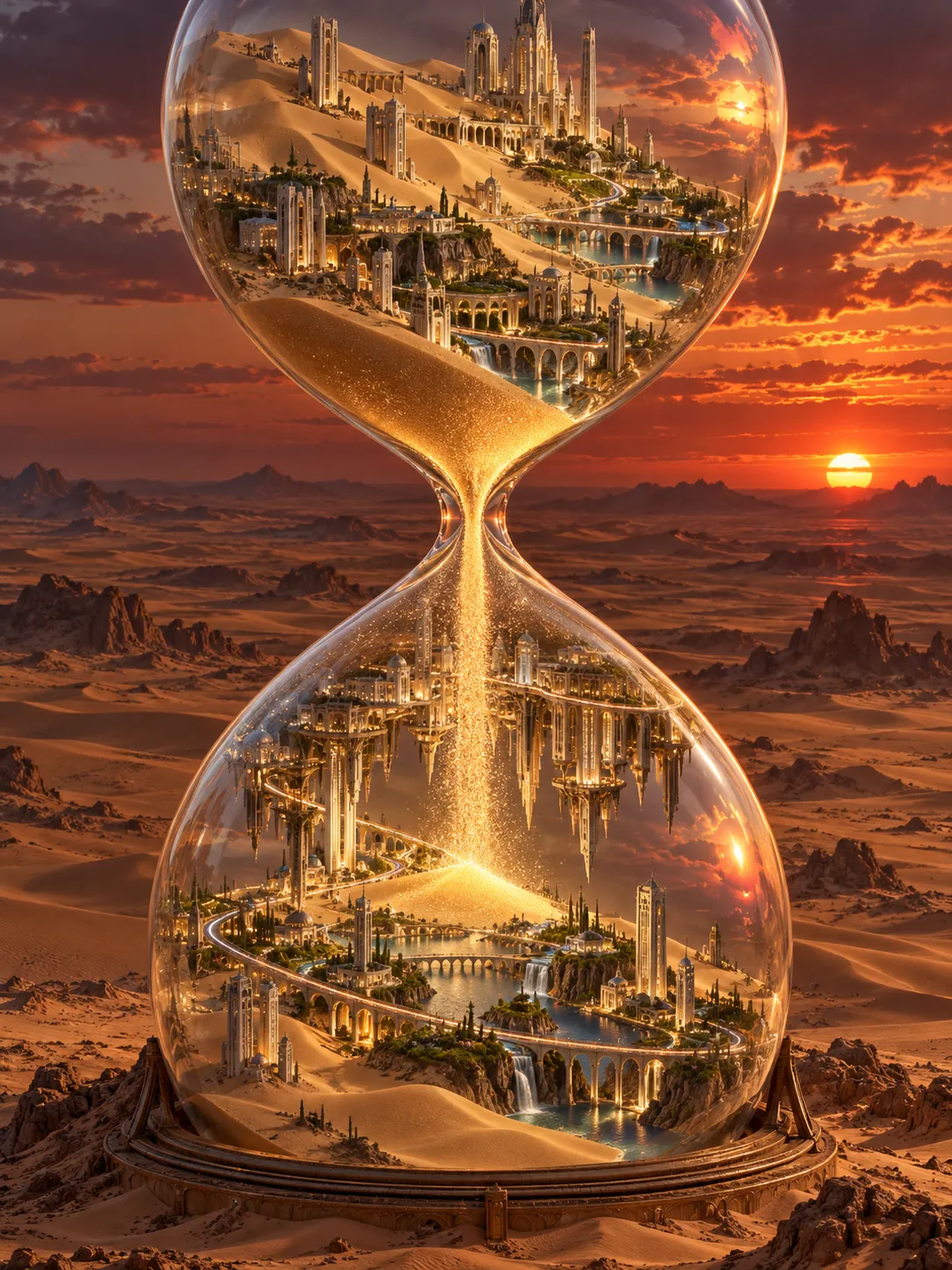 Imagine a breathtaking miniature civilization built inside an enormous transparent glass hourglass standing in the middle of an endless desert. Tiny ivory skyscrapers, winding canals, terraced gardens, bridges, and illuminated train lines occupy both chambers, while golden sand falls through the narrow center like a glowing waterfall. Some buildings are partially buried in the upper chamber, while others emerge upside down from the lower chamber, creating a dreamlike inversion of gravity. The glass surface catches delicate reflections of a distant crimson sunset. Ultra-detailed architectural visualization, physically convincing glass refraction, microscopic environmental details, cinematic volumetric light, extraordinary scale contrast, intricate yet coherent composition. No people, no text, no watermark.