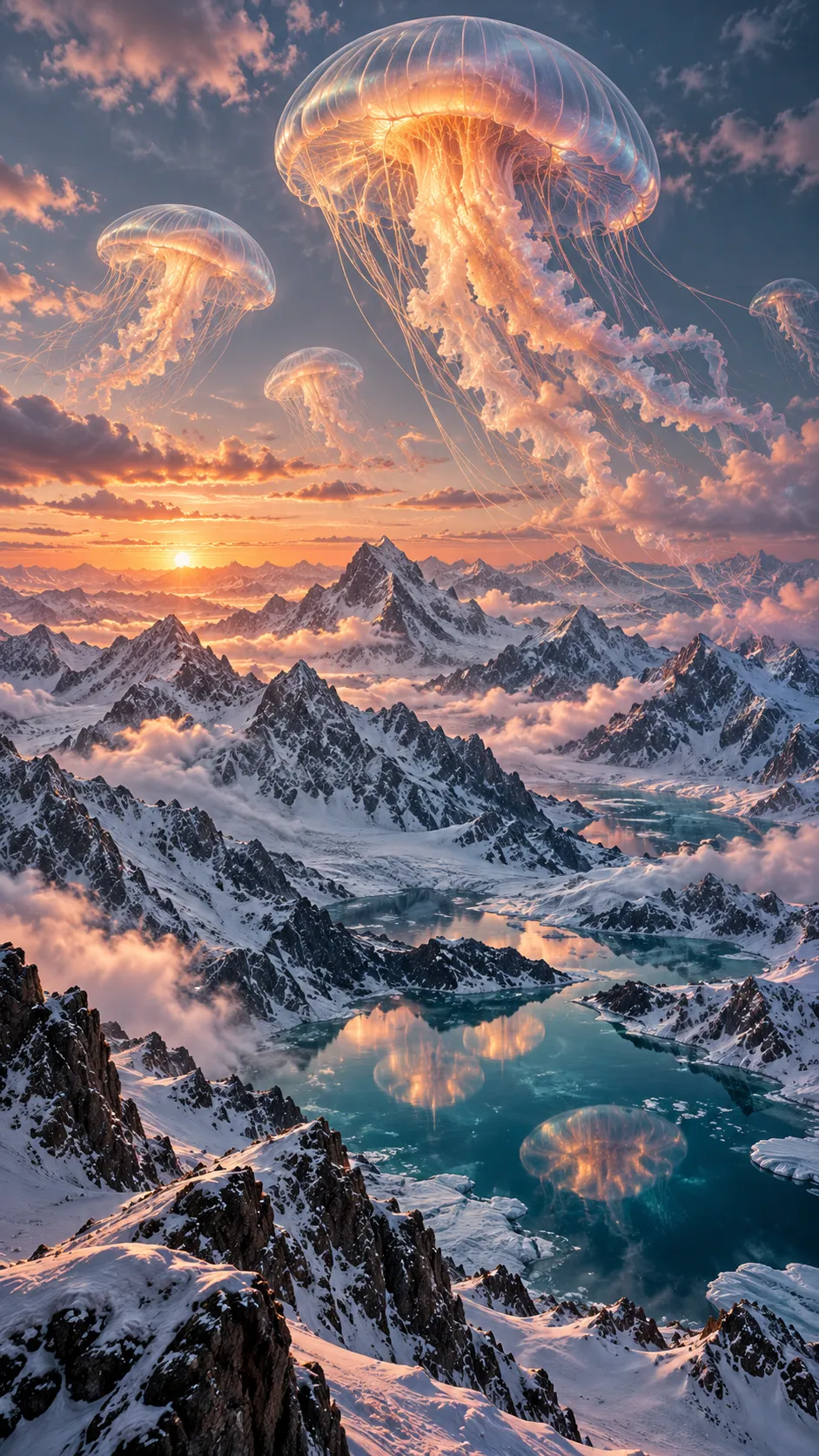 Create a surreal alpine landscape where enormous translucent jellyfish drift silently through the atmosphere above snow-covered mountain peaks as if the sky were a deep ocean. Their delicate bell-shaped bodies contain glowing amber filaments, branching luminous veins, and subtle iridescent membranes. Long tentacles trail through thin clouds, catching the last rose-gold light of sunset. Below, sharp icy ridges reflect a pale turquoise glow, while tiny frozen lakes mirror the floating creatures. Blend believable mountain photography with imaginative marine biology, physically detailed translucency, delicate subsurface scattering, atmospheric depth, restrained color grading, and a sense of impossible natural beauty. Wide cinematic composition, intricate organic forms, no people, no text, no watermark.