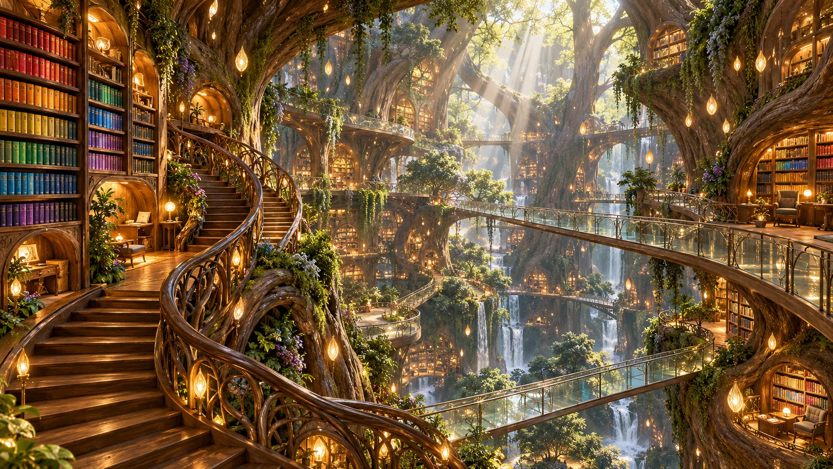 Visualize an immense library grown rather than constructed inside the hollow trunk of an ancient tree. Spiral staircases emerge from polished roots, curved bookshelves follow the natural grain of living wood, and thousands of tiny illuminated reading alcoves glow inside enormous branches. Suspended glass walkways connect different levels across a deep central atrium. Books are arranged in intricate color gradients, while small floating seeds emit soft light like miniature lanterns. Sunbeams enter through openings in the canopy far above, revealing dust particles and delicate moss. Combine organic architecture, botanical realism, sophisticated spatial design, warm volumetric lighting, and fantastical environmental storytelling. The structure must feel navigable and physically coherent, with convincing depth and scale. No visible people, no text overlays, no watermark.