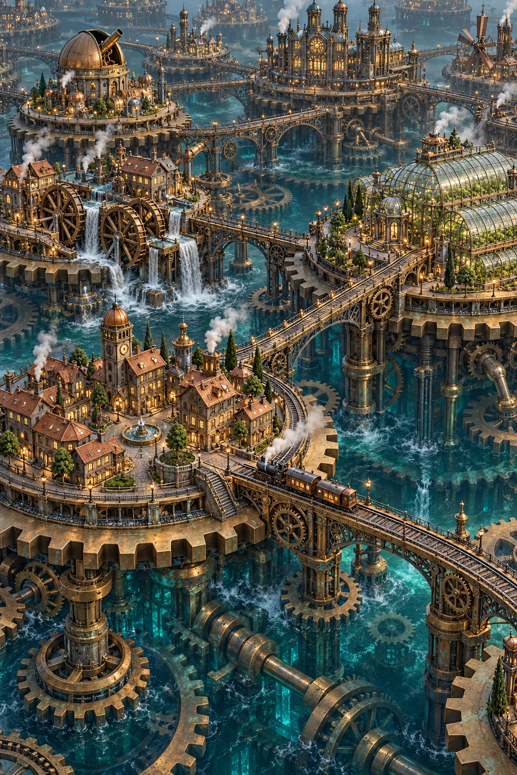 Create an elaborate steampunk civilization built across a vast ocean of interlocking brass gears. Each enormous gear supports a different miniature district: copper-roofed homes, glass greenhouses, tiny observatories, water-powered mills, and narrow elevated railways. Mechanical bridges extend between rotating platforms, while intricate pistons and toothed wheels disappear beneath a dark teal sea. Small steam vents release delicate white plumes, and warm windows contrast with cool industrial metal. Use a high three-quarter isometric view with clearly readable structures, coherent mechanical connections, precise repeating geometry, aged metal patina, subtle oxidation, and meticulous miniature craftsmanship. The world should feel like a functional machine rather than a random collection of objects. No text, no watermark.