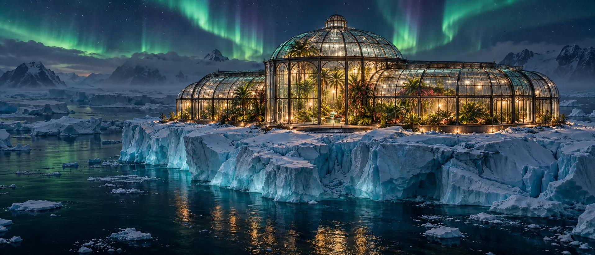 Depict a monumental glass greenhouse resting on a drifting Arctic iceberg beneath an aurora-filled night sky. Inside the geometric glass structure, lush tropical palms, flowering vines, oversized ferns, and a small reflective pond thrive in warm golden light. Outside, fractured blue ice descends into a nearly black polar sea, with distant mountains barely visible through the cold mist. The greenhouse frame consists of elegant dark bronze supports with precise joints and realistic glass panels. Aurora reflections travel across the glazing, while condensation forms near the warm interior. Combine architectural photography, botanical accuracy, cinematic environmental contrast, realistic glass reflections, and finely detailed ice textures. Wide environmental composition, believable construction, no people, no text, no watermark.