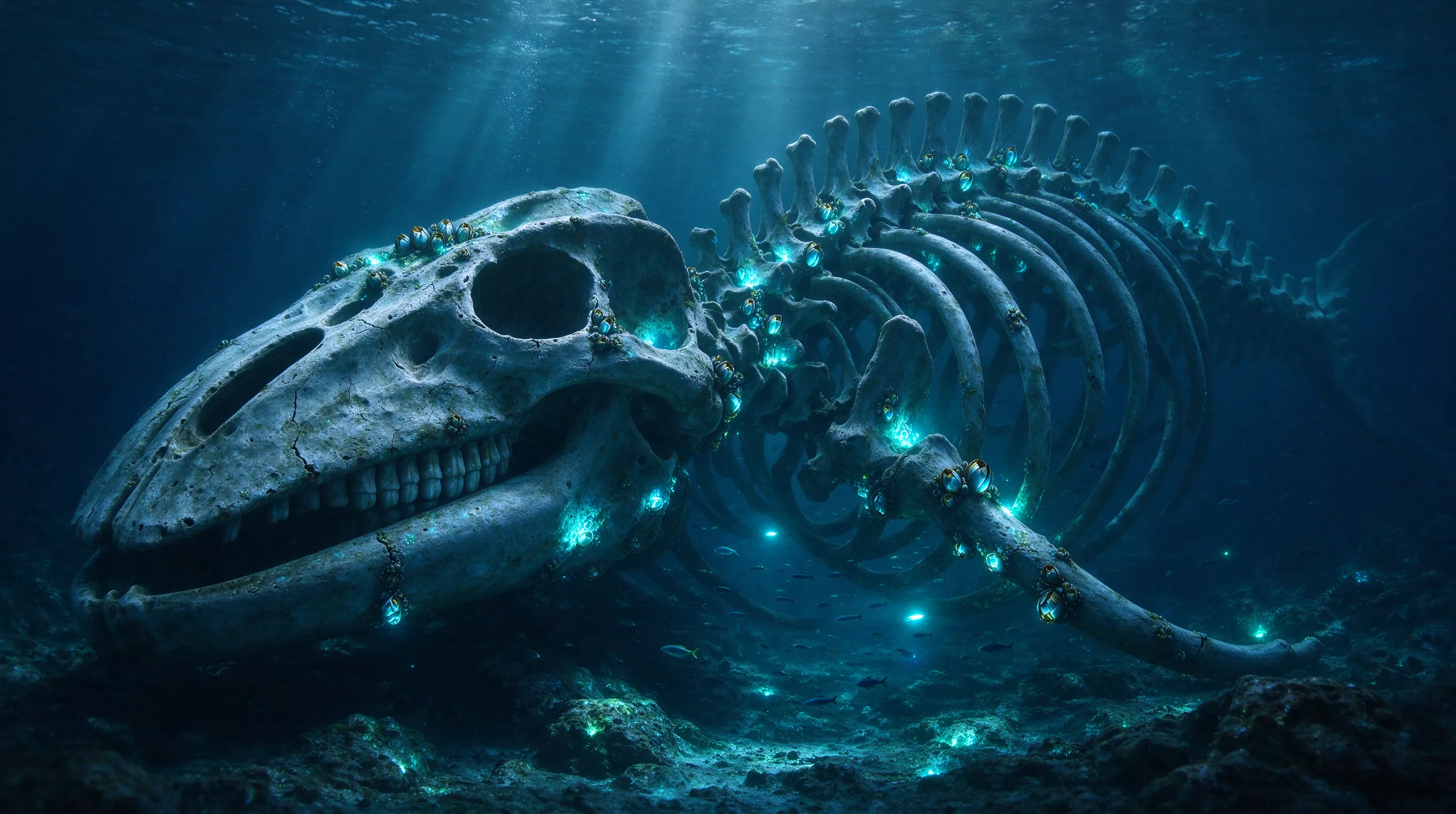 A colossal ancient whale skeleton glowing with bioluminescent barnacles, drifting slowly through the abyssal depths of the ocean, deep blue and teal color palette, shafts of sunlight piercing the water from above, tiny deep-sea fish swimming around the bones, ethereal and haunting atmosphere, cinematic composition, 8k, photorealistic
