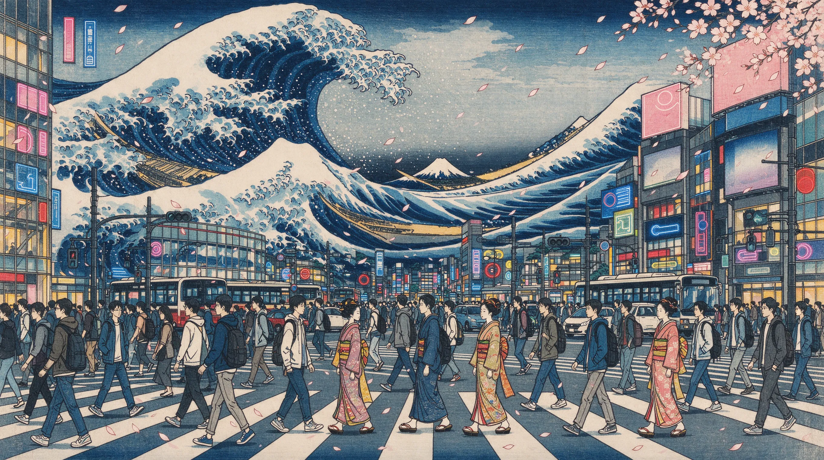 Ukiyo-e woodblock print style reimagining of a modern Tokyo street crossing, Shibuya scramble, people in contemporary fashion walking alongside figures in traditional kimono, cherry blossom petals mixing with neon signs, bold outlines, flat colors, Hokusai inspired waves in the sky, cultural fusion