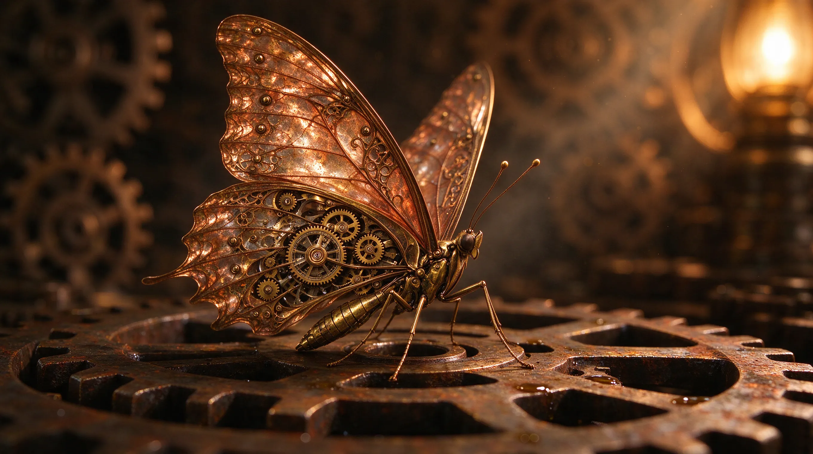 Extreme macro photography of a mechanical steam-punk butterfly, brass and copper wings with intricate gear mechanisms visible, wings partially spread catching warm lamplight, resting on a rusted iron gear, warm amber and brown tones, highly detailed textures, depth of field blur, magical realism