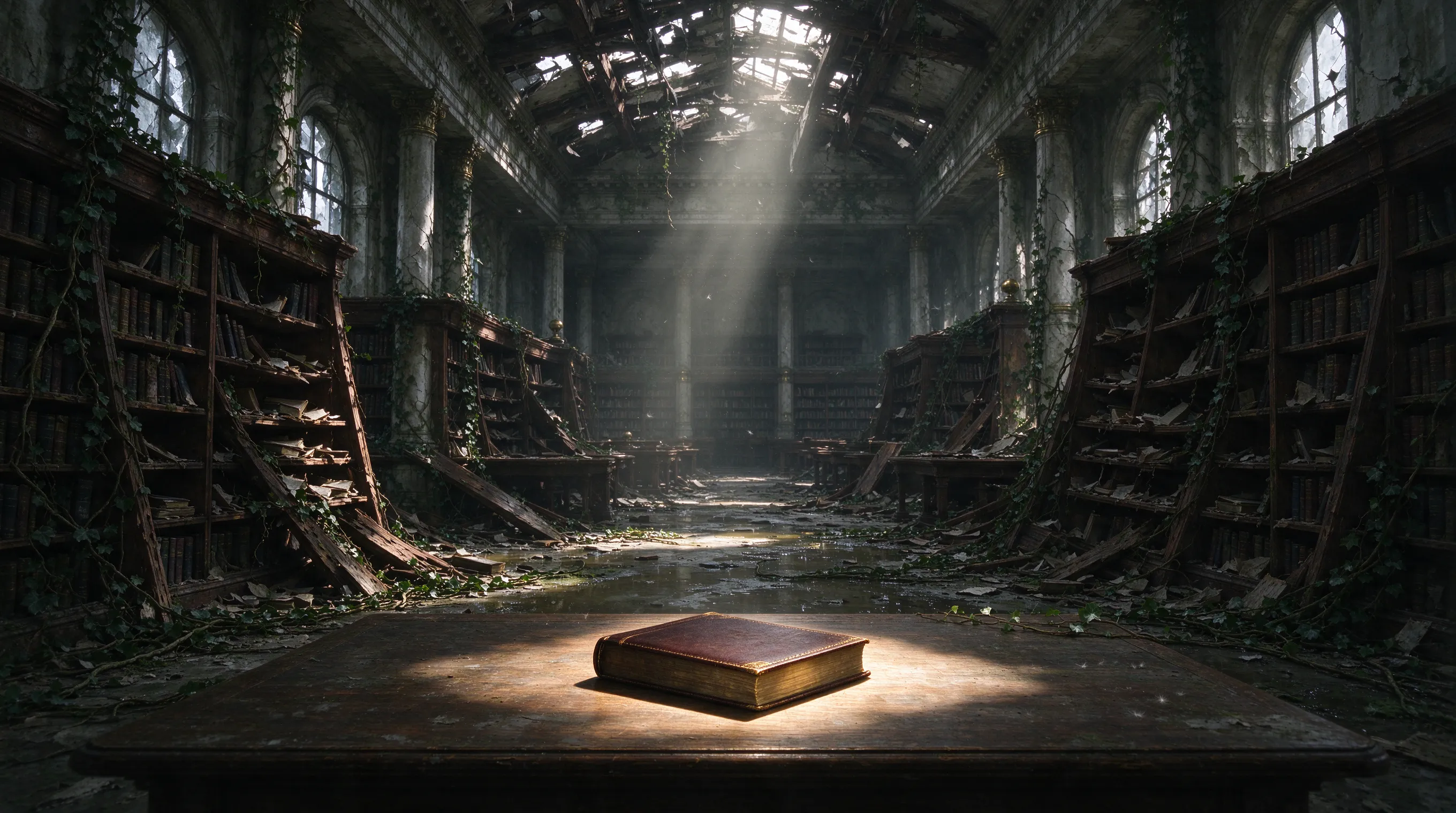 An abandoned library after the apocalypse, sunlight streaming through a collapsed ceiling onto overgrown vines wrapping around rotting bookshelves, dust particles dancing in light beams, a single intact leather-bound book glowing faintly on a reading table, muted earthy tones, melancholic beauty, atmospheric perspective