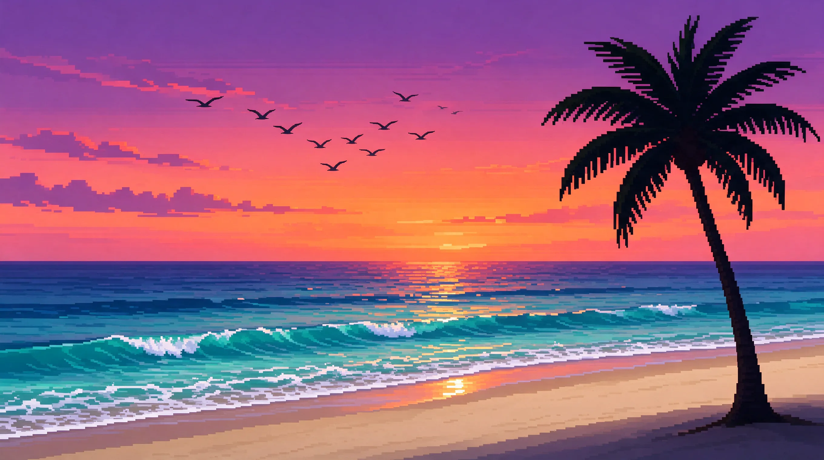 16-bit pixel art style, a serene sunset beach scene, pixelated ocean waves gently rolling onto sand, a lone palm tree silhouetted against an orange and purple gradient sky, pixel seabirds flying in formation, retro video game aesthetic, warm nostalgic mood, sprite art, dithering shading
