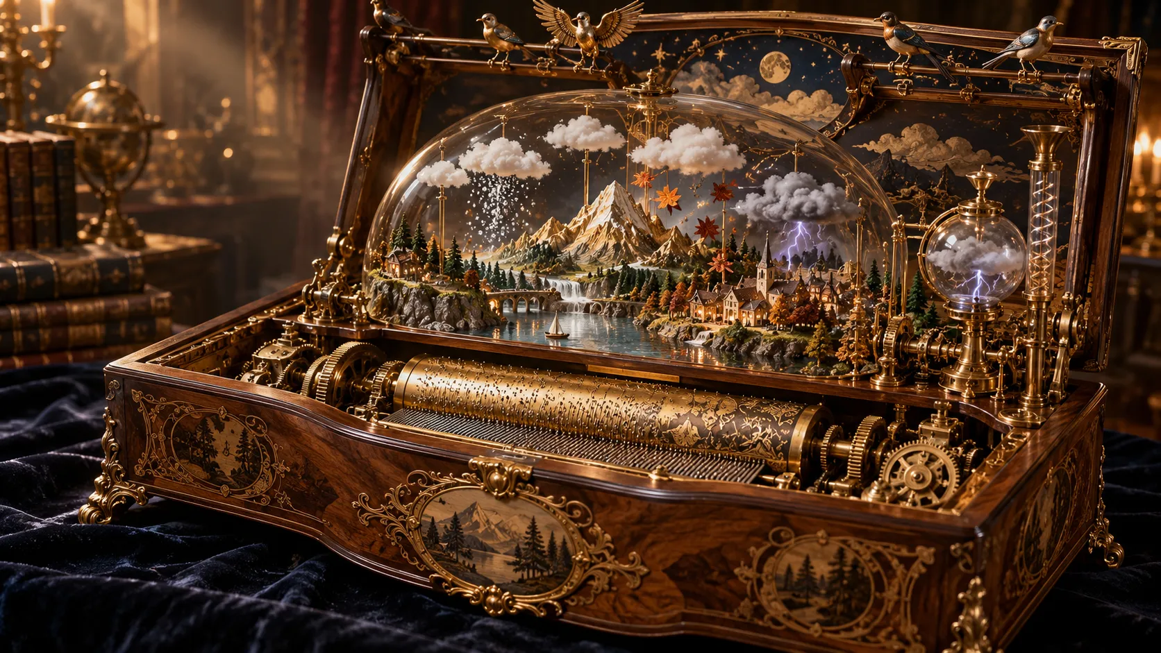 Design an elaborate antique music box that generates miniature weather systems when opened. Inside its polished walnut casing, a tiny landscape unfolds around a brass mountain range, a silver lake, and a miniature village. Rotating gears drive delicate glass mechanisms that produce floating clouds, tiny spiraling snowflakes, drifting autumn leaves, and miniature lightning inside a transparent dome. The music cylinder contains intricate engraved patterns, while small mechanical birds perch along the lid. Blend authentic nineteenth-century craftsmanship with imaginative scientific mechanisms, realistic wood grain, brushed brass, delicate glass reflections, and carefully articulated moving components. Photograph the object on a dark velvet surface with a warm directional key light and subtle atmospheric haze. Museum-quality conceptual product art, no people, no readable text, no watermark.
