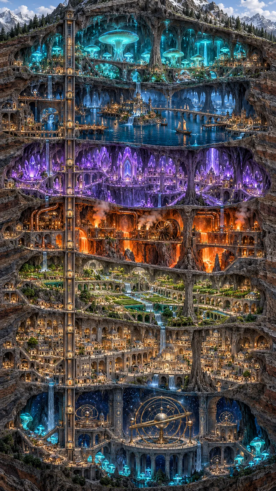 Illustrate an immense underground civilization revealed through a precise architectural cutaway of a mountain. Seven interconnected subterranean ecosystems descend vertically: a fungal forest, a subterranean lake, a crystal cavern, a geothermal industrial district, terraced farms, a residential city, and an ancient underground observatory. Each level has its own lighting, materials, architecture, and atmosphere, while elevators, bridges, tunnels, and water channels connect the layers logically. Glowing fungi illuminate the deepest chambers, and geothermal vents cast warm orange light through the rock. Use a highly detailed isometric cross-section with clear spatial hierarchy, intricate miniature structures, realistic geological strata, and cohesive environmental storytelling. Every layer must remain visually distinct and structurally connected. No labels, no text, no watermark.