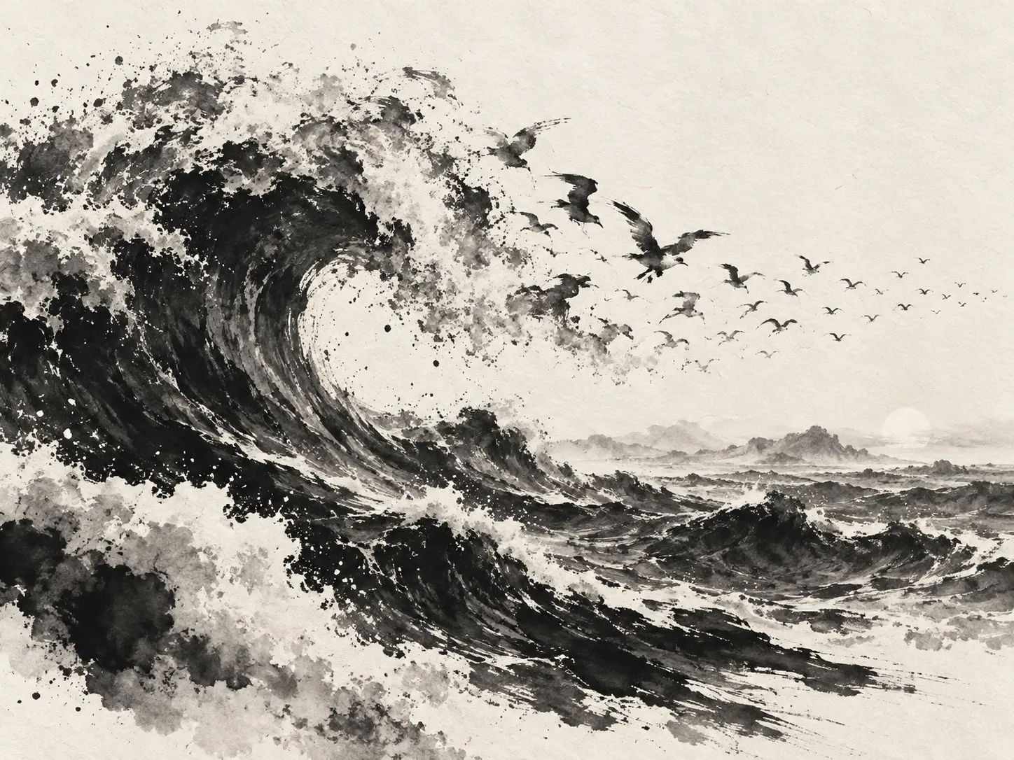 Create a monumental monochrome ink painting in which a turbulent ocean emerges from a single sweeping brushstroke. Thick black ink forms crashing waves, while dry-brush textures create fragmented foam and delicate gray gradients. Near the horizon, the wave crests gradually transform into a flock of birds, their silhouettes emerging naturally from the brushwork rather than appearing as separate pasted elements. Leave expansive areas of untouched warm-white paper to establish rhythm and negative space. Subtle paper fibers, ink pooling, feathered edges, and uneven pigment absorption should be clearly visible. Contemporary East Asian ink art with expressive asymmetry, disciplined composition, strong tonal contrast, and an elegant balance between abstraction and recognizable forms. No color accents, no text, no watermark.