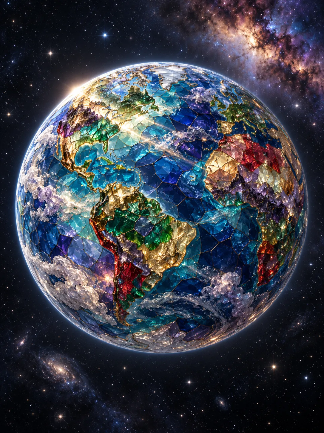 Imagine an entire planet constructed from interlocking stained-glass panels, floating alone in deep space. Its surface follows recognizable planetary curvature, yet its continents consist of irregular glass mosaics in cobalt blue, ruby red, smoky violet, pale gold, and emerald green. White starlight passes through thinner sections, projecting radiant bands across the planet's surface. Fractured mountain ranges, glass oceans, and translucent cloud-like mineral formations create a complex geological system. Surround the planet with a sparse field of stars and a distant luminous nebula, avoiding excessive decorative clutter. Photorealistic glass rendering combined with sophisticated astronomical concept art, accurate spherical perspective, crisp facets, nuanced reflections, controlled bloom, and exceptional color depth. No text, no watermark.