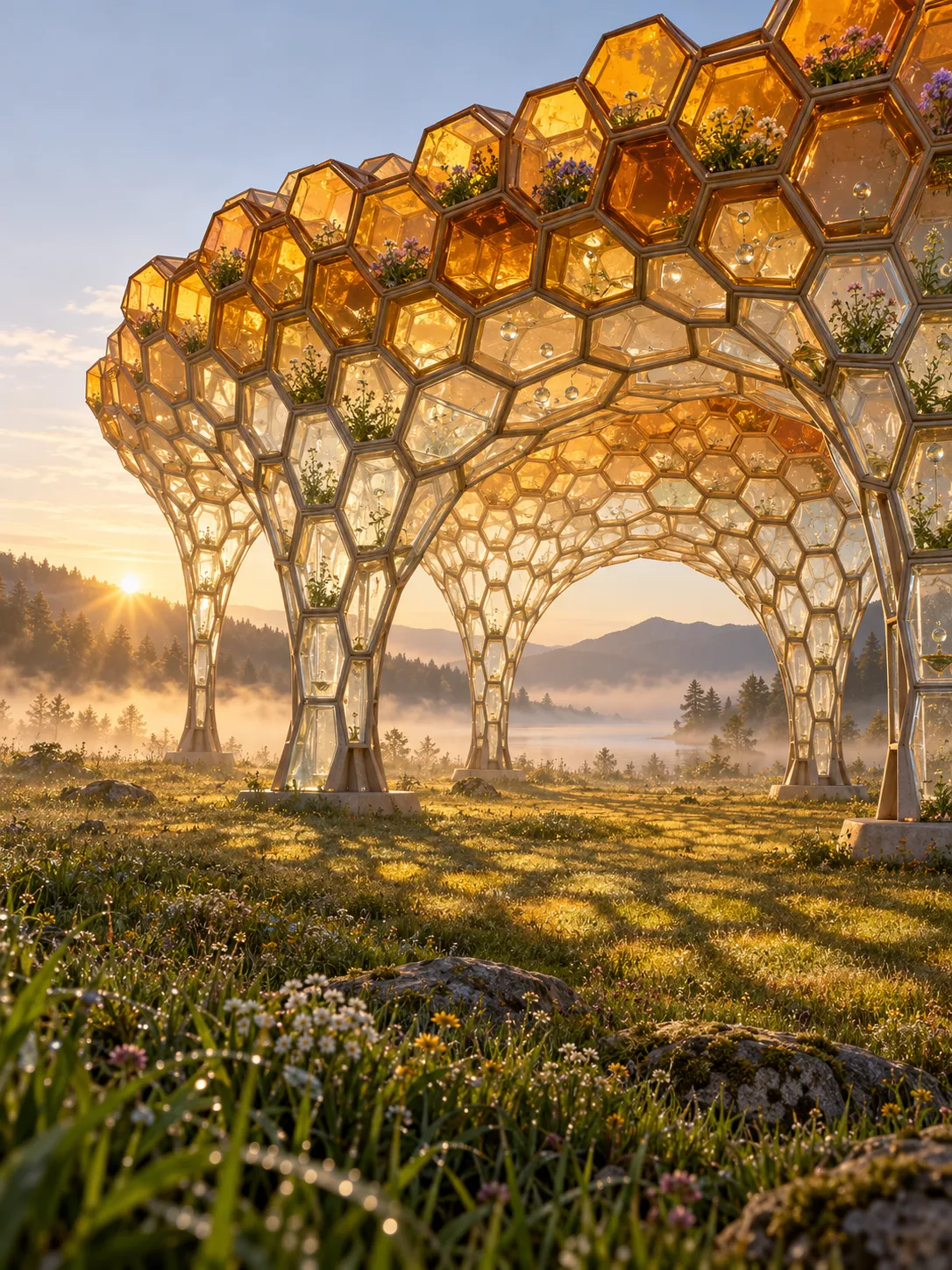 Design an experimental pavilion composed of thousands of interconnected translucent honeycomb cells, rising from a misty meadow at sunrise. The structure gradually changes from pale glass near the ground to warm amber and deep golden tones near the roof. Some cells are empty, some contain tiny suspended droplets, and a few host small flowering plants. Sunlight passes through the hexagonal modules, projecting a complex tessellation of golden shadows across the grass. The pavilion must maintain a believable load-bearing framework, consistent hexagonal geometry, realistic cell thickness, and convincing translucency. Contemporary sustainable architecture visualization, delicate morning haze, macro-level material detail, balanced composition, natural environmental integration. No people, no signage, no text, no watermark.