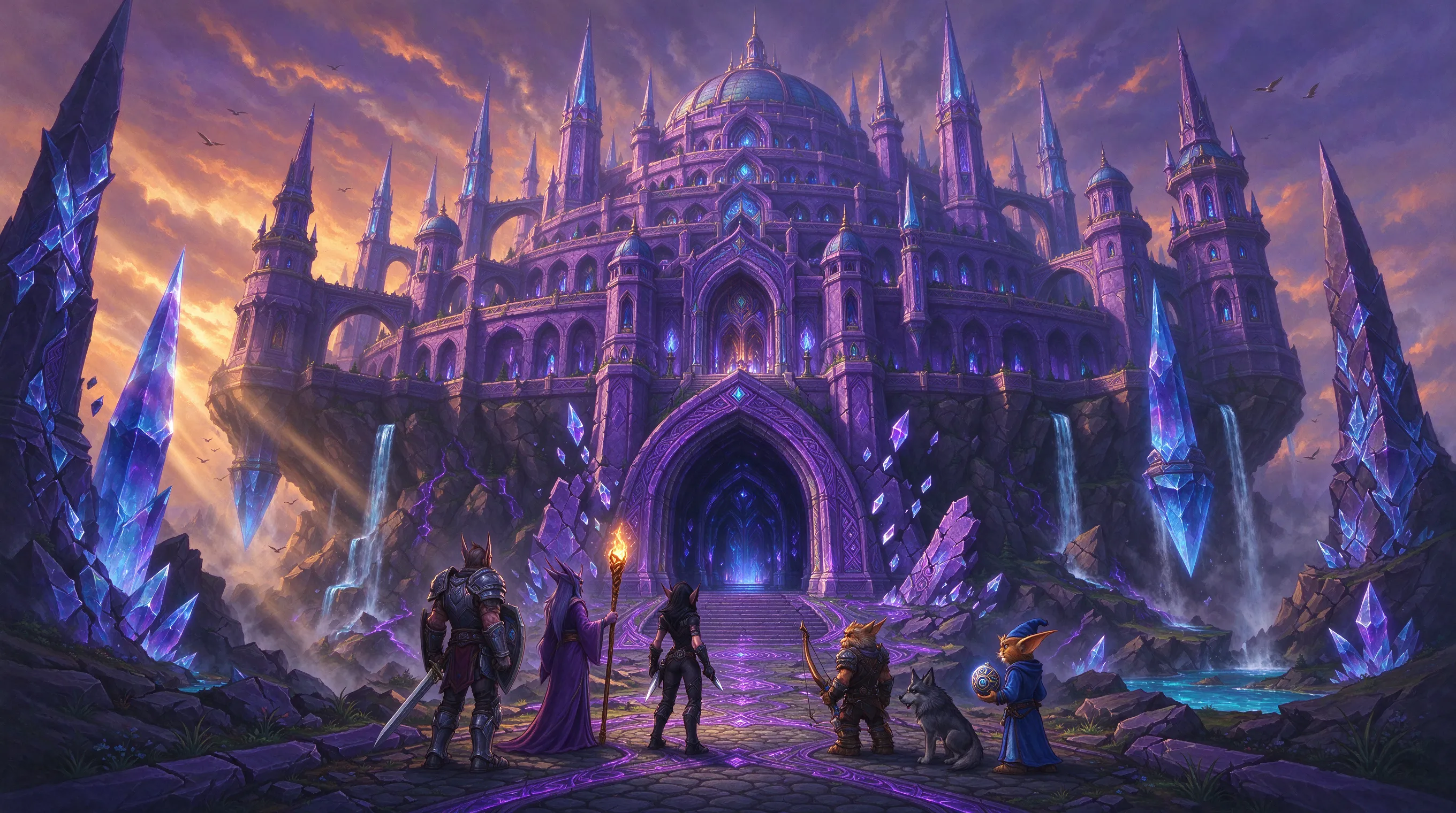 Epic fantasy MMORPG concept art, view of the floating city of Dalaran grounded on the earth with its magical shield removed, violet stone spires and glowing arcane crystals piercing the ground, adventurers in classic Vanilla WoW armor standing at the entrance of a new five-player dungeon, painterly style reminiscent of Blizzard Entertainment, warm sunset lighting, intricate runes on cobblestones, sense of mystery and discovery, highly detailed, 8k resolution.
