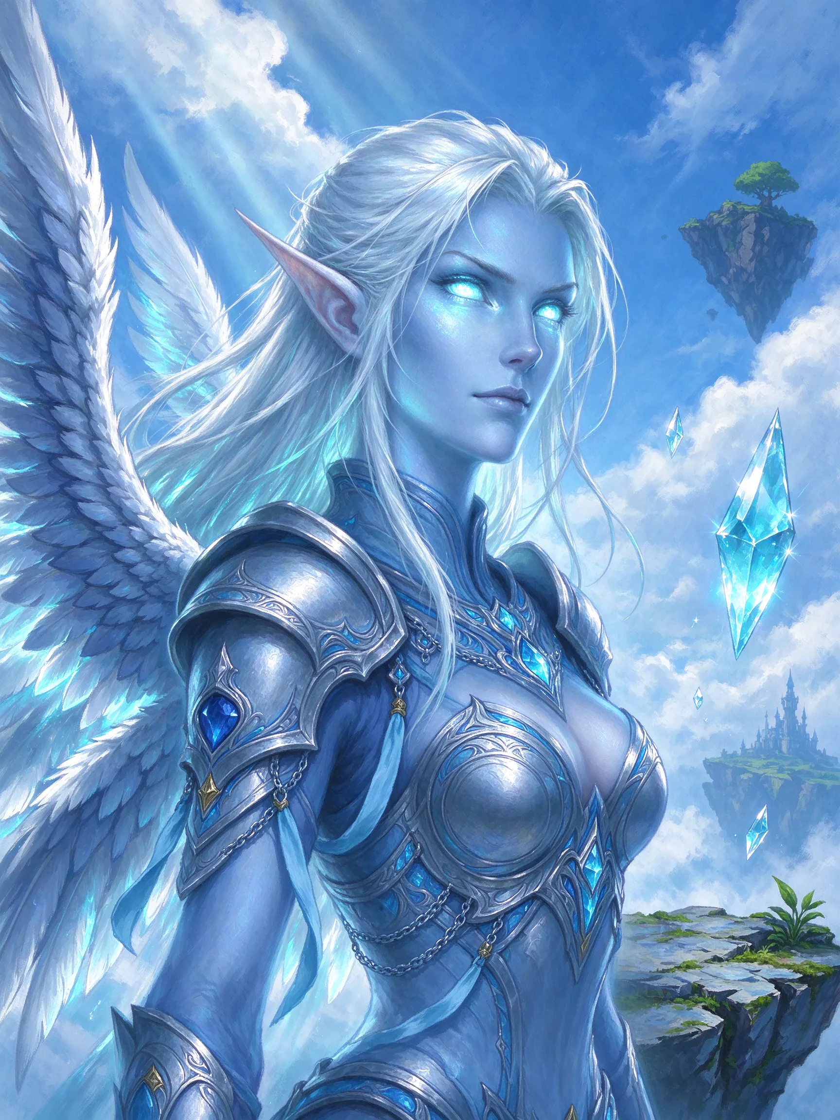 Close-up character portrait of a Sky Elf from World of Warcraft Forever, ethereal humanoid with pale blue skin and luminous feathered wings folded behind a slender frame, wearing ornate silver and azure armor with floating crystal shards, standing on the edge of a floating rock in a vibrant Azerothian landscape, soft volumetric god rays, classic WoW hand-painted texture style, heroic fantasy illustration, detailed facial features with glowing eyes, ethereal atmosphere.