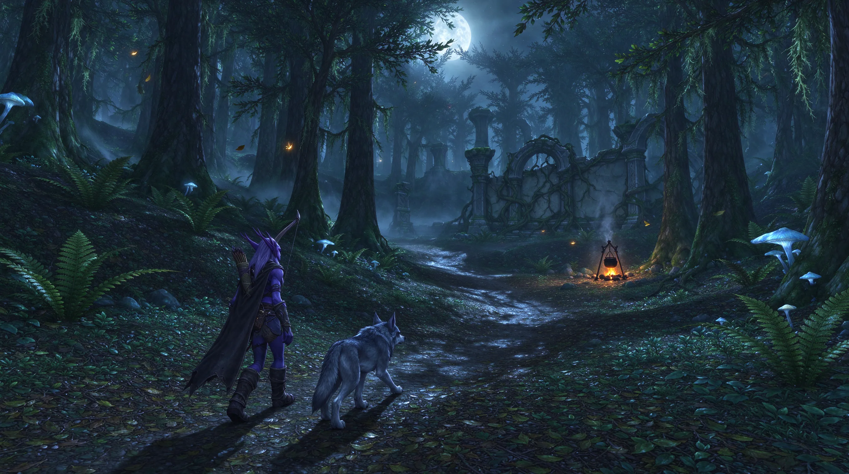 Atmospheric wide shot of a lone night elf hunter and their wolf companion traversing the lush forests of Ashenvale in classic Azeroth, level 60 adventurers in modest Vanilla-era gear, no flashy cosmic effects, campfire with cooking pot in the distance, ancient ruins overgrown with vines, moonlight filtering through dense canopy, painterly MMORPG screenshot aesthetic, nostalgic and immersive, emphasis on world exploration rather than endgame rush, soft ambient lighting.