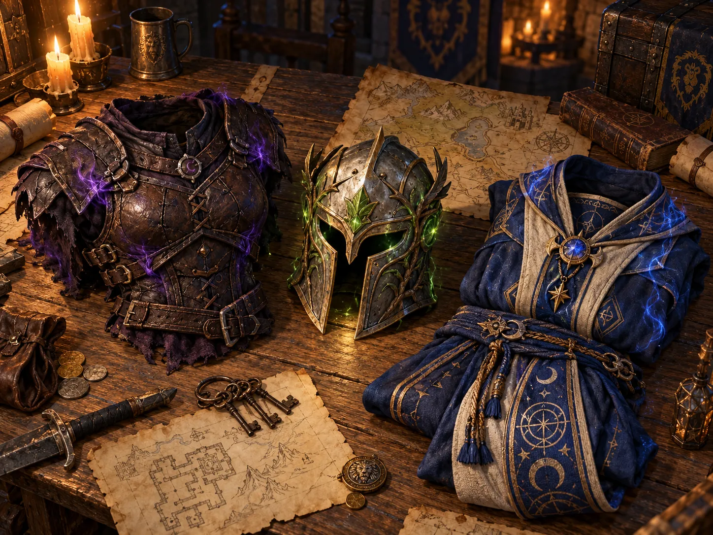 Fantasy item showcase concept art, a set of three distinct level 60 armor pieces laid out on a weathered oak table: a shadow-resistant leather chestpiece, a nature-warding plate helm, and an arcane-attuned cloth robe, each with unique magical glows and intricate stitching, no oversized shoulder pads or cosmic tier sets, grounded Vanilla WoW aesthetic with subtle power creep, candlelight illumination, parchment maps and dungeon keys scattered around, detailed material rendering.