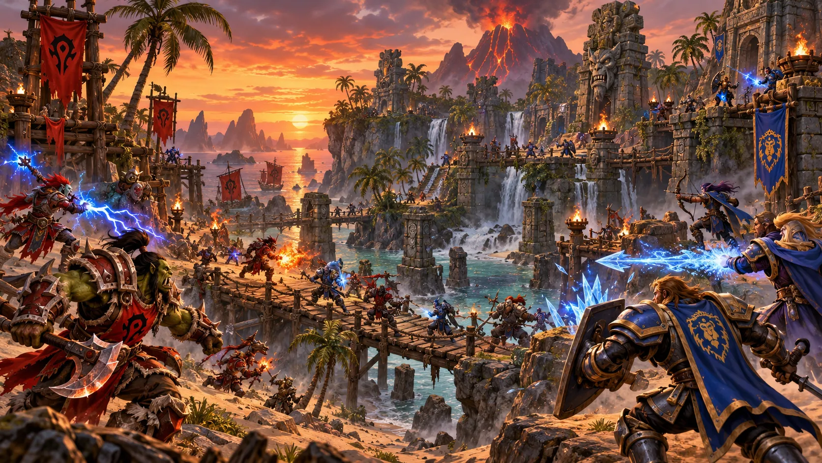 Dynamic battle scene in the Dark Spear Isles battleground from WoW Forever, Horde and Alliance players clashing on a tropical volcanic island with wooden bridges and troll ruins, classic level 60 PvP armor sets with faction colors, spell effects of frostbolts and lightning bolts illuminating the dusk sky, palm trees swaying in the chaos, sense of competitive but grounded combat, no flying mounts or futuristic mechanics, classic WoW battleground energy, dramatic composition, detailed environment.