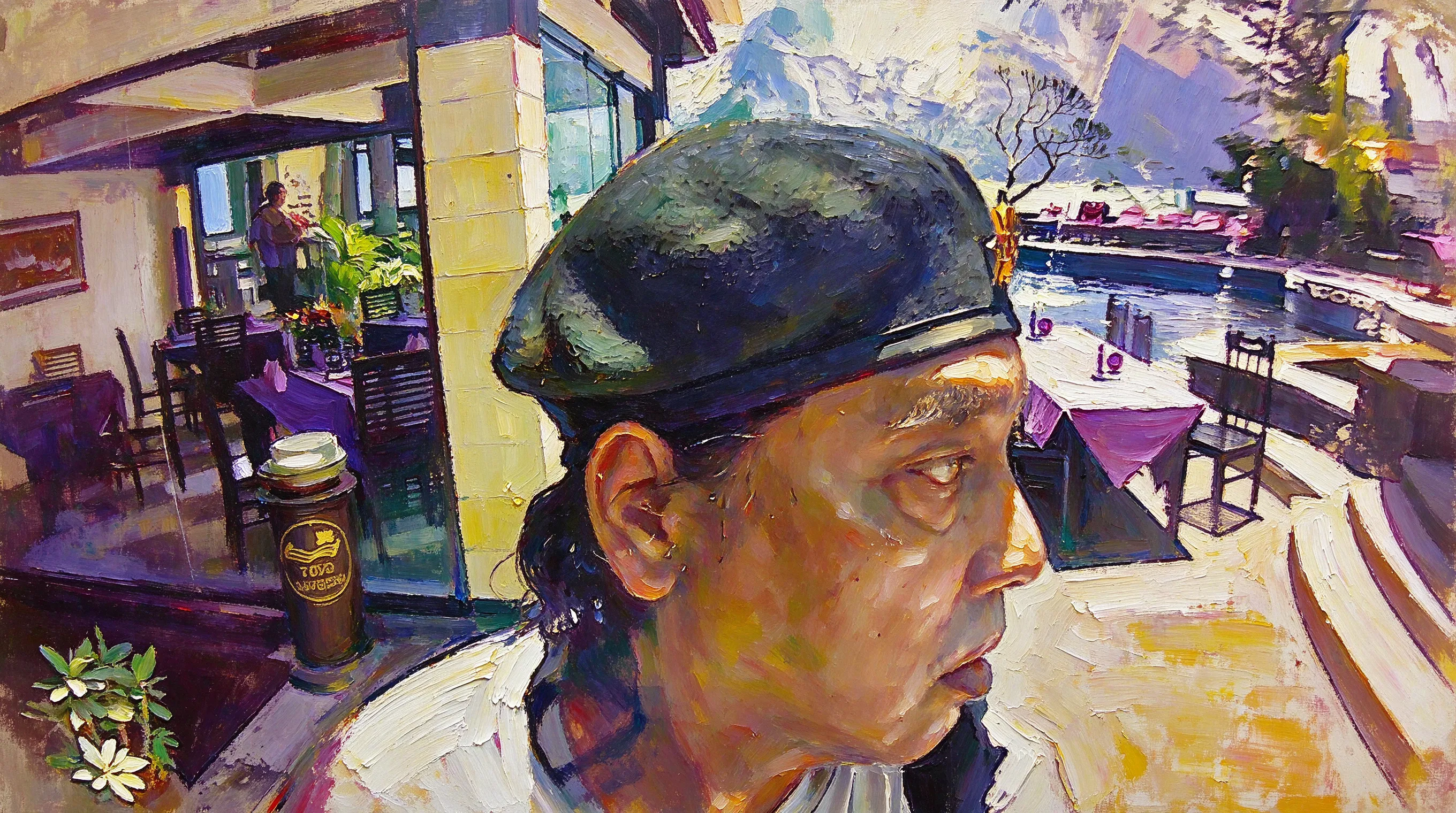 Transform this portrait into a high-end, heavily textured palette-knife abstract oil painting. Reinterpret the source subject not as a photo, but through bold masses of thick, layered impasto paint and energetic color-block collisions. The brushstrokes must be incredibly distinct and chaotic, with raw, scraped edges defining the silhouette cues and emotional energy. While fine facial details are gone, the core posture, emotional tone, and spiritual essence must remain perceptible through the massive paint movement. Render the background with the same thick, painterly language to create a unified, visually heavy, and emotionally charged abstract masterpiece.