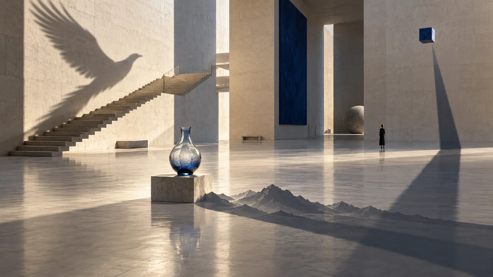 Create a surreal fine-art photograph of an enormous minimalist museum where shadows behave independently of the objects casting them. A staircase casts the shadow of a giant bird, a glass vase produces the silhouette of a distant mountain range, and a tiny floating cube creates an impossibly long shadow stretching across the entire hall. Polished pale concrete floors, monumental ivory walls, precise architectural geometry, a single distant visitor for scale. Soft directional sunlight enters through an unseen skylight. Restrained neutral palette with subtle cobalt accents, realistic material textures, impeccable perspective, contemplative atmosphere, medium-format architectural photography, sophisticated conceptual art direction. The image should feel physically photographed yet intellectually impossible. No text, no watermark.