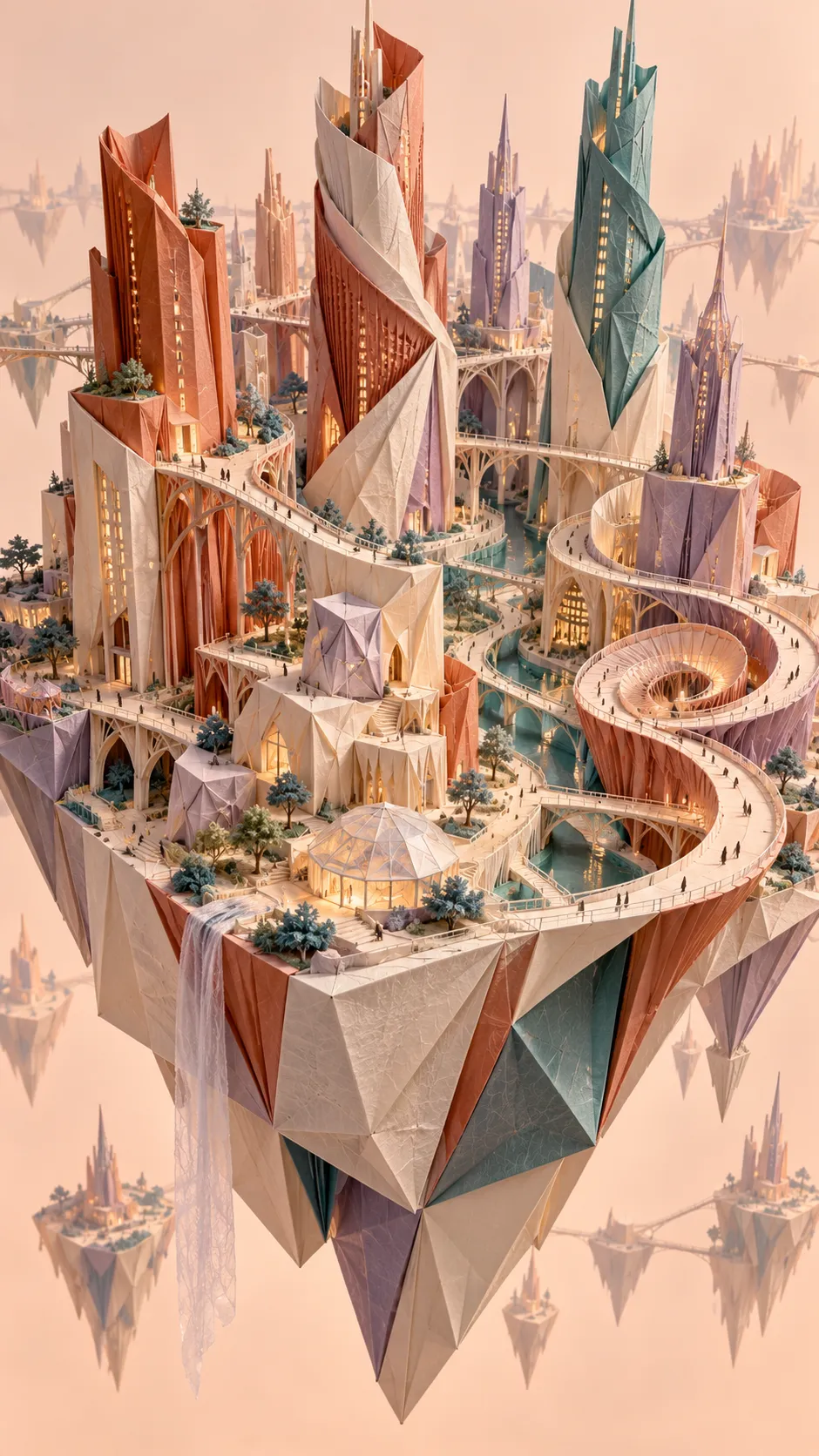 Create a monumental imaginary city constructed from folded sheets of colored paper and translucent vellum. Skyscrapers bend like soft fabric, bridges curl into spirals, tiny windows emerge from precise folds, and roads weave between buildings like ribbons. The city rests on a floating geometric platform above a pale peach void. Use intricate origami-inspired engineering, visible paper fibers, delicate creases, layered shadows, and mathematically elegant forms. Aerial three-quarter perspective with strong depth and carefully organized visual rhythm. Limited palette of terracotta, dusty lavender, cream, and muted teal. Museum-quality physical installation photography, believable scale, extraordinary craftsmanship, no text.
