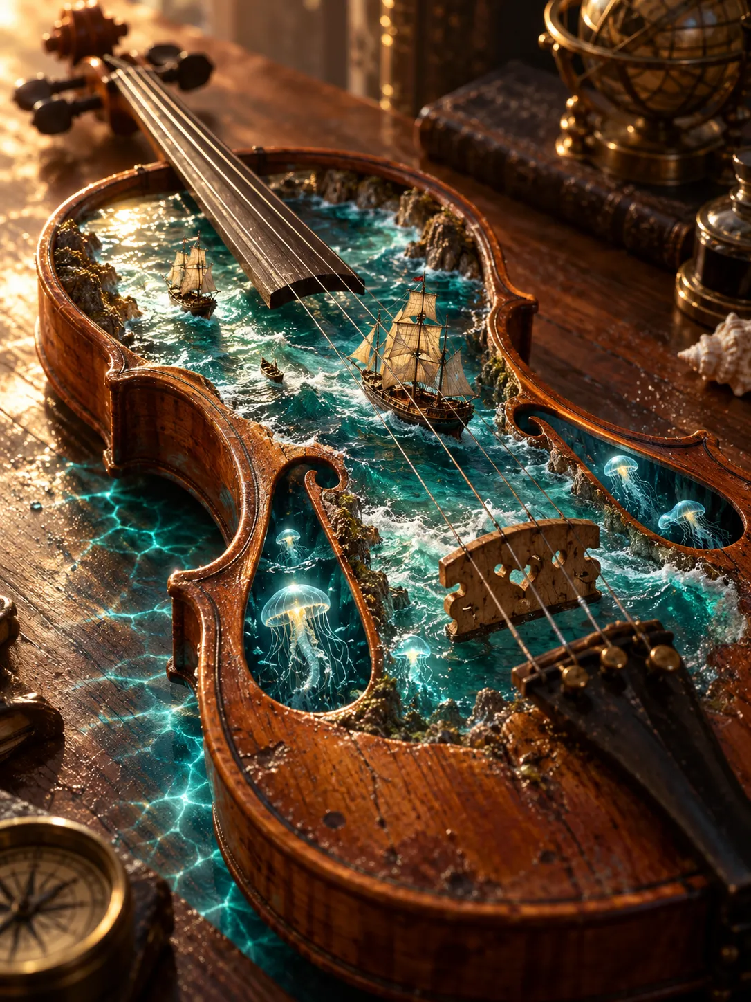 Photograph an antique violin resting on a dark walnut table, but its open wooden body contains a miniature living ocean. Tiny turquoise waves roll between the curved inner walls, miniature sailing ships travel beneath the strings, and luminous jellyfish drift through the f-holes. The violin remains convincingly crafted from aged maple and spruce, with fine varnish scratches and delicate rosin dust. Warm late-afternoon light grazes the wood while cool underwater caustics illuminate the surrounding table. Intimate macro composition, extraordinary material contrast, physically believable reflections, subtle atmospheric haze, poetic magical realism, luxury editorial photography, no text.