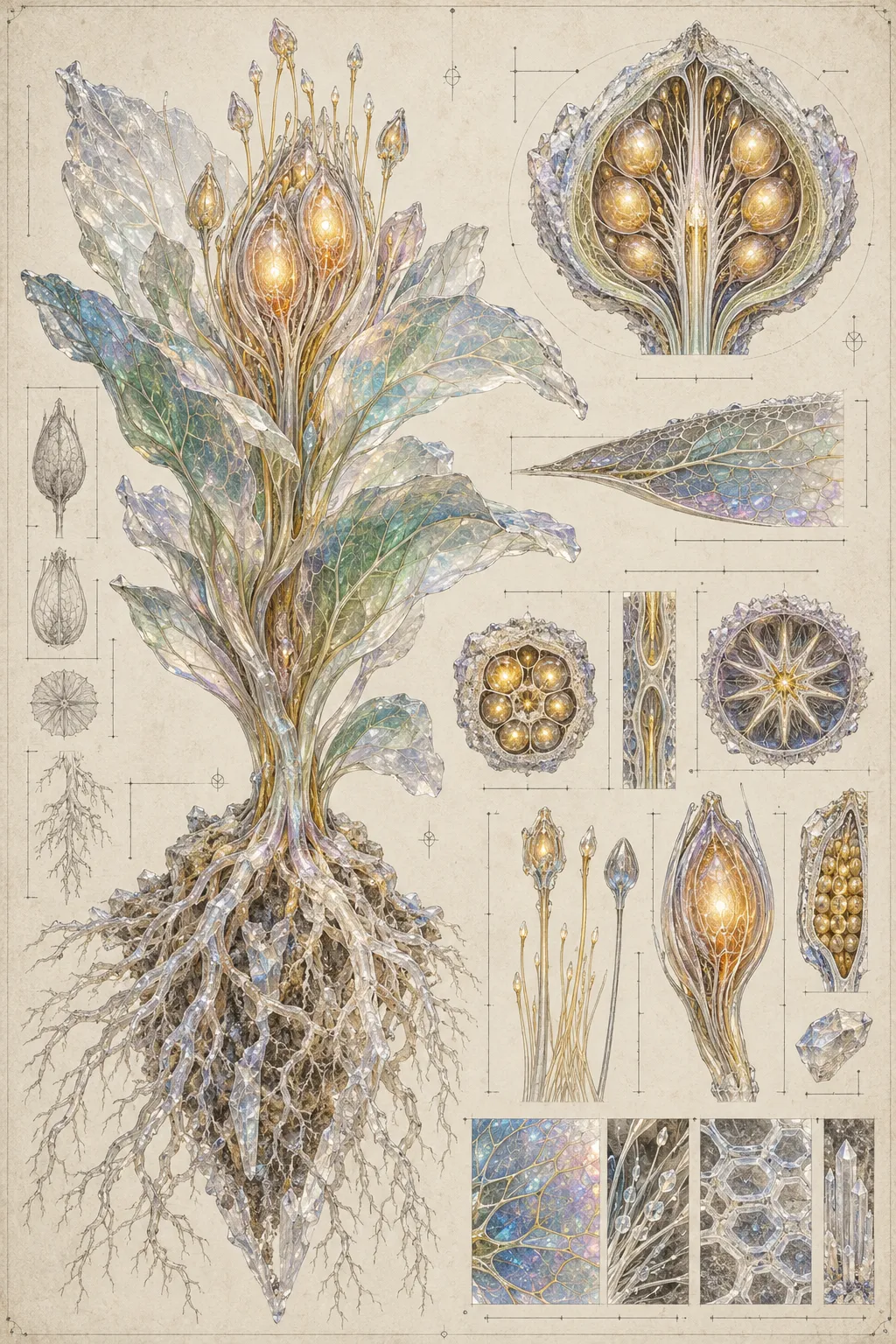 Create a museum-grade scientific plate documenting an imaginary deep-earth plant species. Show a large translucent specimen with branching crystalline roots, layered translucent leaves, glowing seed chambers, and delicate internal vascular structures. Arrange a primary full specimen beside several enlarged cross-sectional studies and small structural details, all within a carefully balanced composition. Background resembles aged pale mineral paper, with restrained graphite annotations represented by tiny abstract marks rather than readable text. Combine precise botanical draftsmanship, translucent 3D rendering, microscopic structural detail, and subtle iridescent pigments. Sophisticated natural-history museum aesthetic, scientifically organized yet biologically impossible.