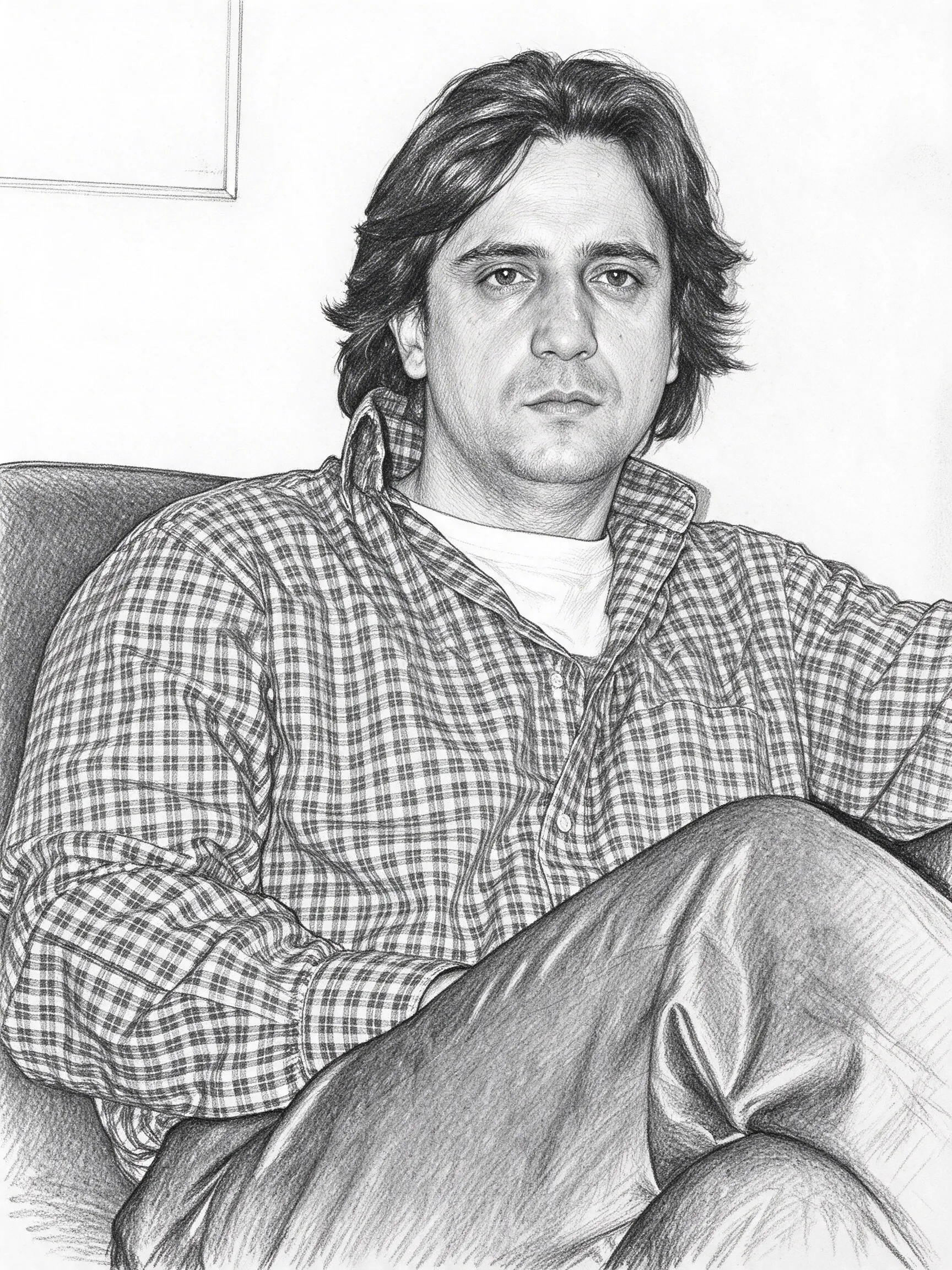 Recreate the uploaded portrait photo as a hyper-realistic line sketch. Focus the entire rendering on the face: use pencil lines of varying density, weight, and hatching to draw every shadow, highlight, and facial detail—there should be no soft, blended shading, only linework defining light and dark. Keep contour lines sharp and expressive, use layered cross-hatching to build volume and texture, and maintain the character’s exact likeness and expression. The rest of the portrait and background should be simple and unobtrusive, so all attention stays on the linework of the face. Hand-drawn, authentic pencil sketch texture, high detail, pure black and white, no distortion.
