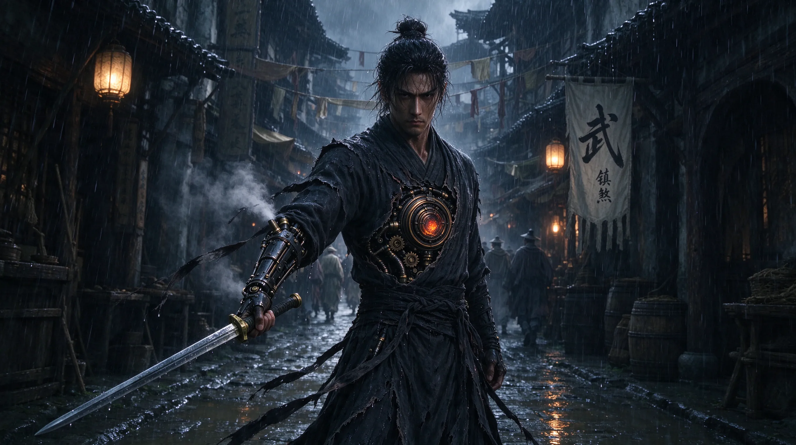 A deadly Chinese swordsman with a corrupted mechanical heart, tattered dark wuxia robes flowing in rain, holding a slender jian sword, steam-powered prosthetic elements visible beneath torn fabric, dimly lit alley in a medieval Chinese town, ink-wash atmosphere mixed with brass machinery, cinematic lighting, Unreal Engine 5 style, dark fantasy wuxia, highly detailed
