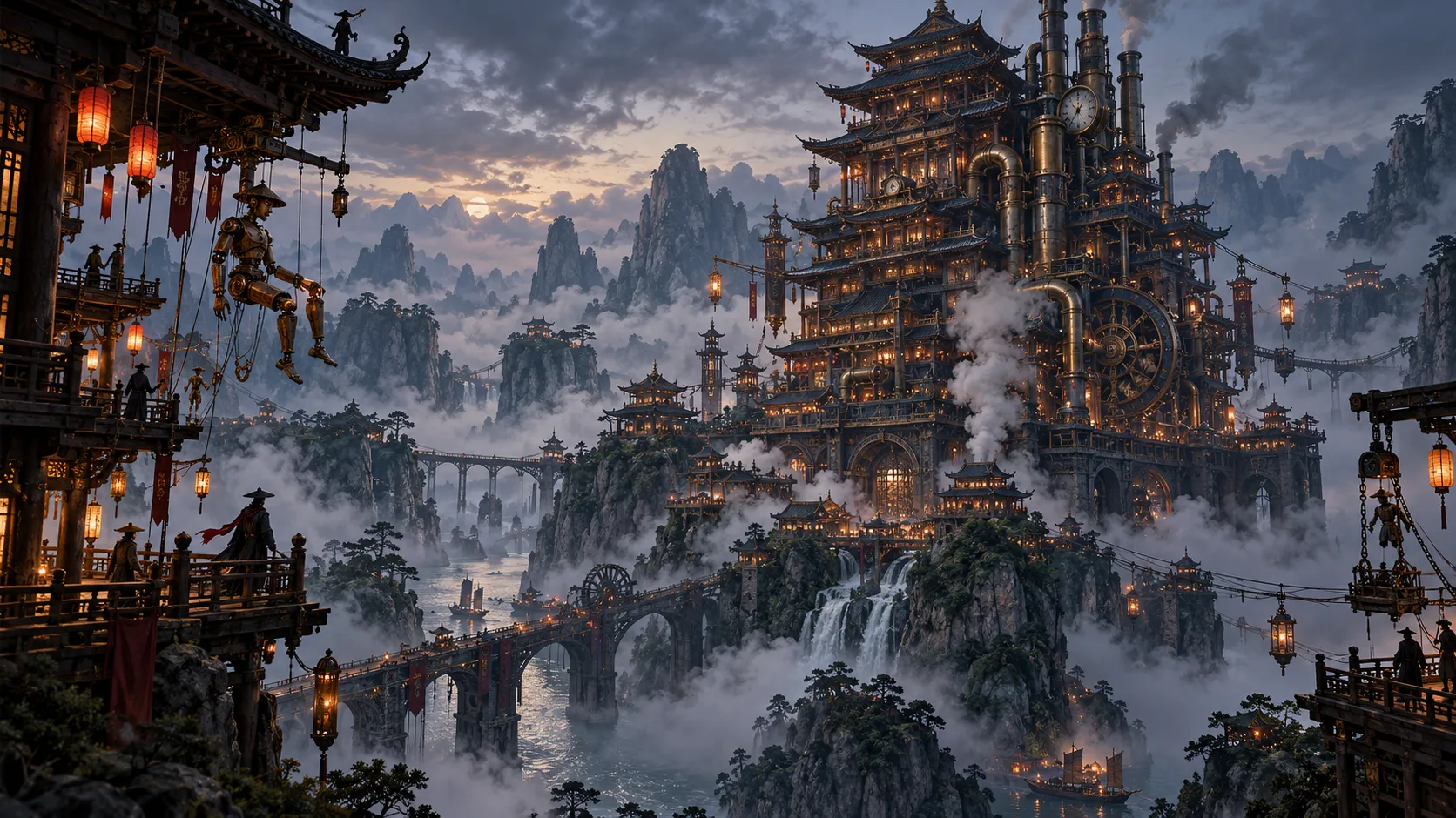 A towering steam-powered iron pagoda rising above misty Chinese valleys, brass pipes and pressure gauges embedded in ancient wooden architecture, hanging lanterns and mechanical puppets, ink-wash mountains in background, kung fu punk aesthetic, moody twilight, volumetric fog, concept art, ultra-wide shot