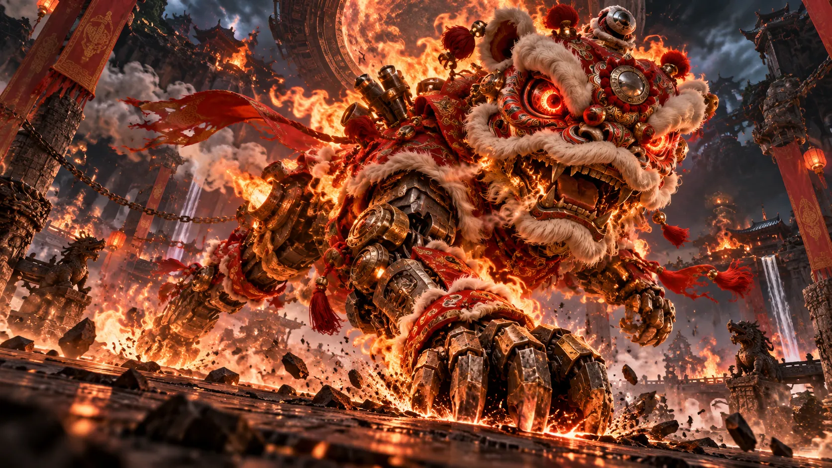 A colossal mechanical lion dance boss wreathed in flames, traditional Chinese lion head fused with steam-powered joints and exhaust vents, glowing red eyes, martial arts stance mid-leap, sparks and embers swirling, dark stone arena, dramatic low angle, action game boss concept art, kung fu punk, highly detailed