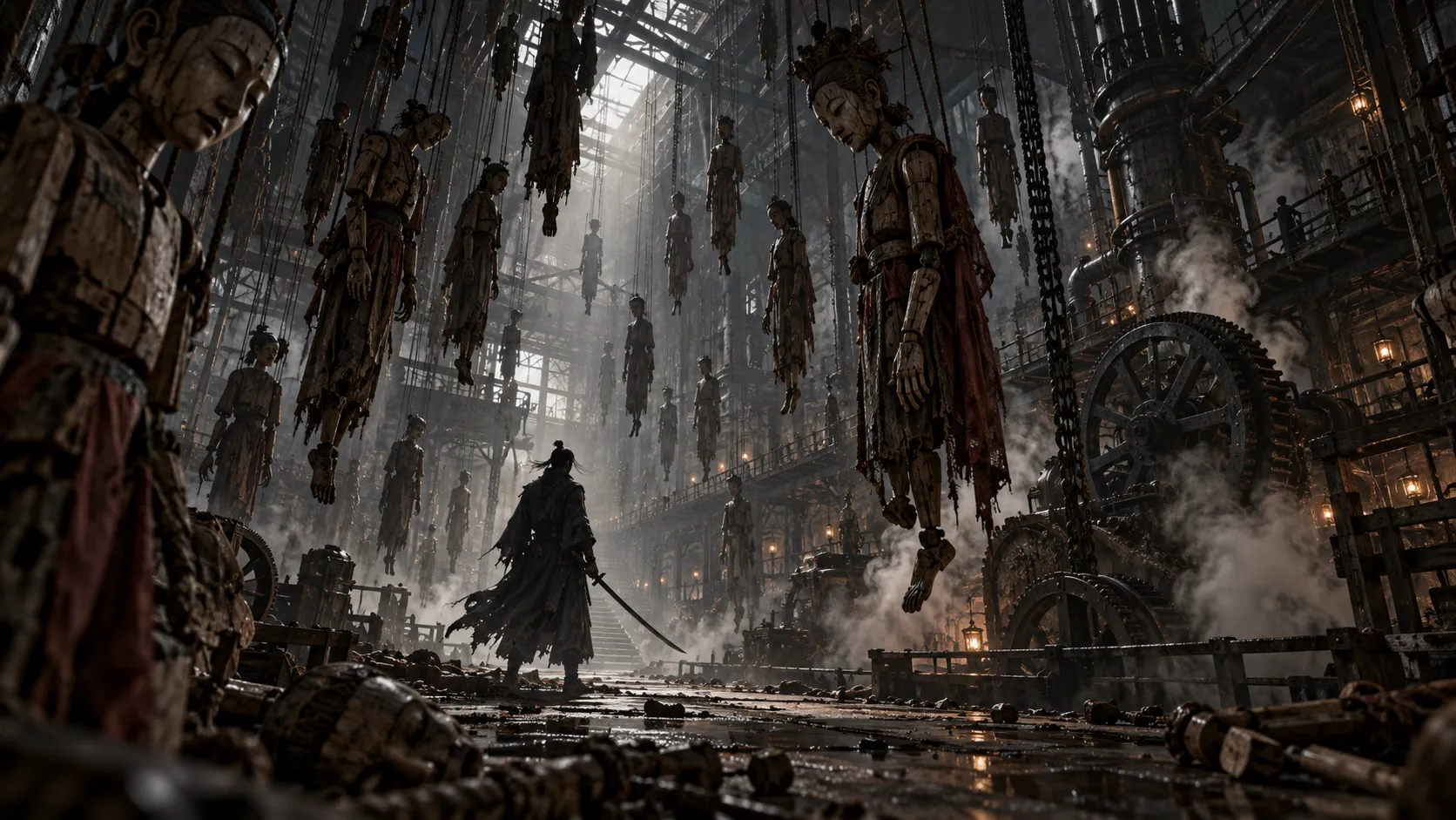 An abandoned warehouse filled with hanging wooden puppets on strings, steam-driven chains and gears lining the walls, dim shaft of light cutting through dust, a lone swordsman silhouette standing among the puppets, eerie atmosphere, dark wuxia meets industrial horror, cinematic composition, muted color palette
