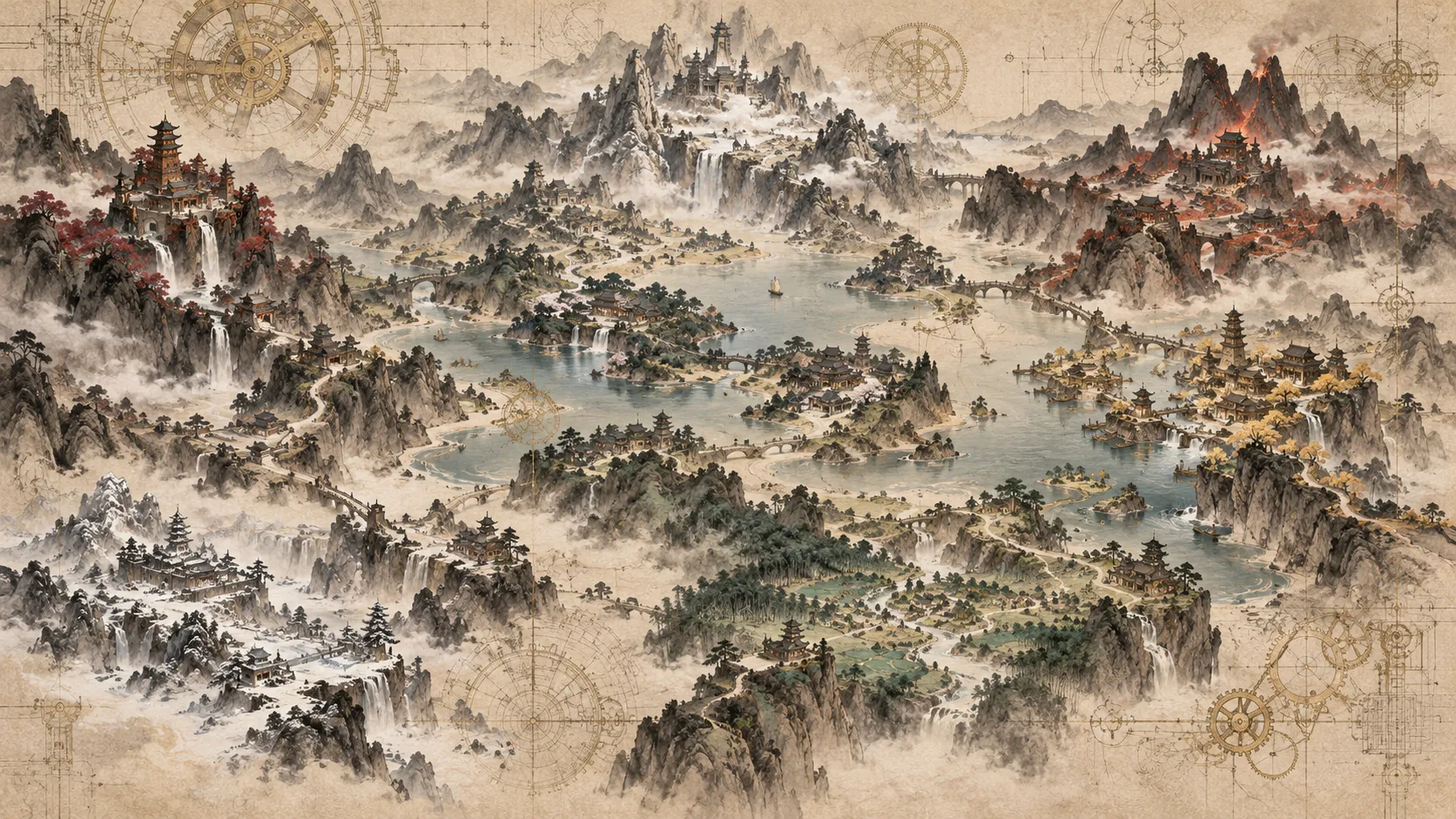 Traditional Chinese ink wash painting of a fantasy landscape, mountains and lakes rendered in brushstrokes, overlaid with faint mechanical blueprints and brass gear diagrams, eight interconnected regions visible in the distance, hand-painted rice paper texture, muted sepia and ink black tones, elegant and mysterious, concept art for a wuxia game map