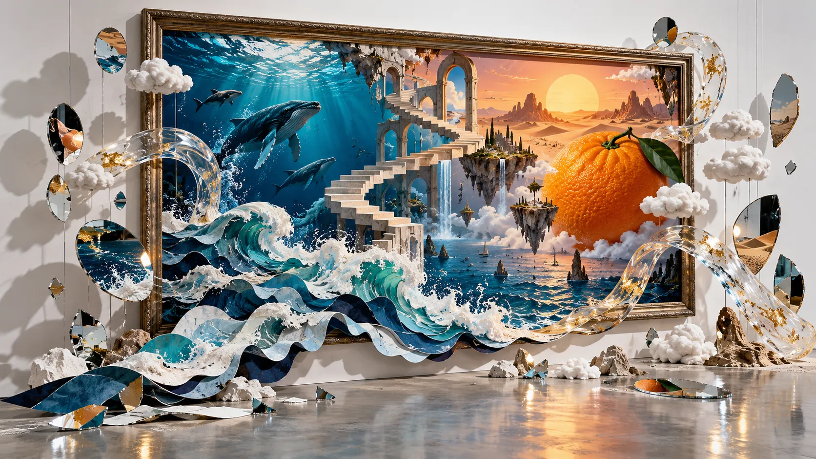Create a visually striking surreal artwork in which a conventional rectangular picture frame opens onto a dream that physically spills into the surrounding white gallery space. Inside the frame, a deep ocean, a suspended staircase, a giant orange, and a distant desert sun coexist in impossible perspective. Outside the frame, paper waves, translucent resin ribbons, miniature clouds, and mirrored fragments extend into three-dimensional space. Combine analog collage, cut paper, glossy resin, matte painted surfaces, and realistic object photography. Strong directional gallery lighting casts crisp, believable shadows from the protruding elements. Artfully controlled chaos, exceptional spatial clarity, contemporary collectible-art aesthetic, no text or watermark.