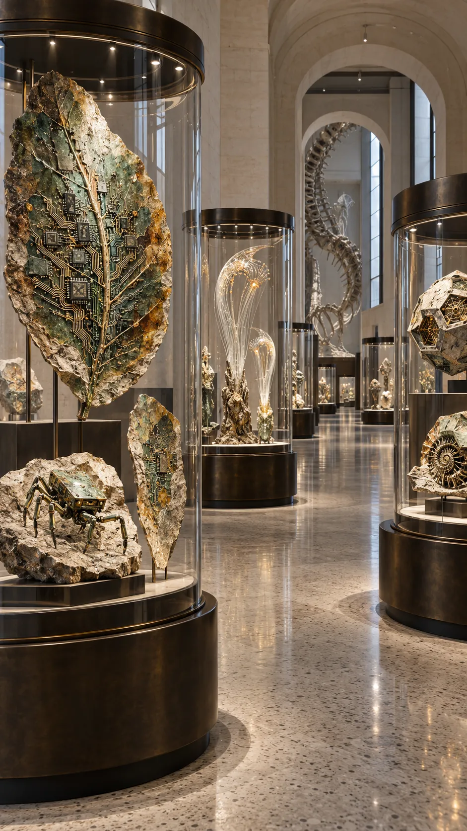 Visualize an elegant contemporary museum displaying fossils from a future civilization that never existed. Inside transparent cylindrical cases are crystalline circuit boards embedded in petrified leaves, fossilized fiber-optic organisms, mineralized miniature robots, and strange geometric shells containing delicate mechanical structures. Pale limestone walls, dark bronze display frames, polished terrazzo floors, carefully calibrated exhibition lighting. Use precise architectural perspective and realistic glass reflections without obscuring the exhibits. Minimal, editorial, intellectually intriguing, with a restrained palette of chalk white, smoky gray, oxidized green, and amber. Photorealistic museum interior visualization, exceptional material fidelity, no readable labels.