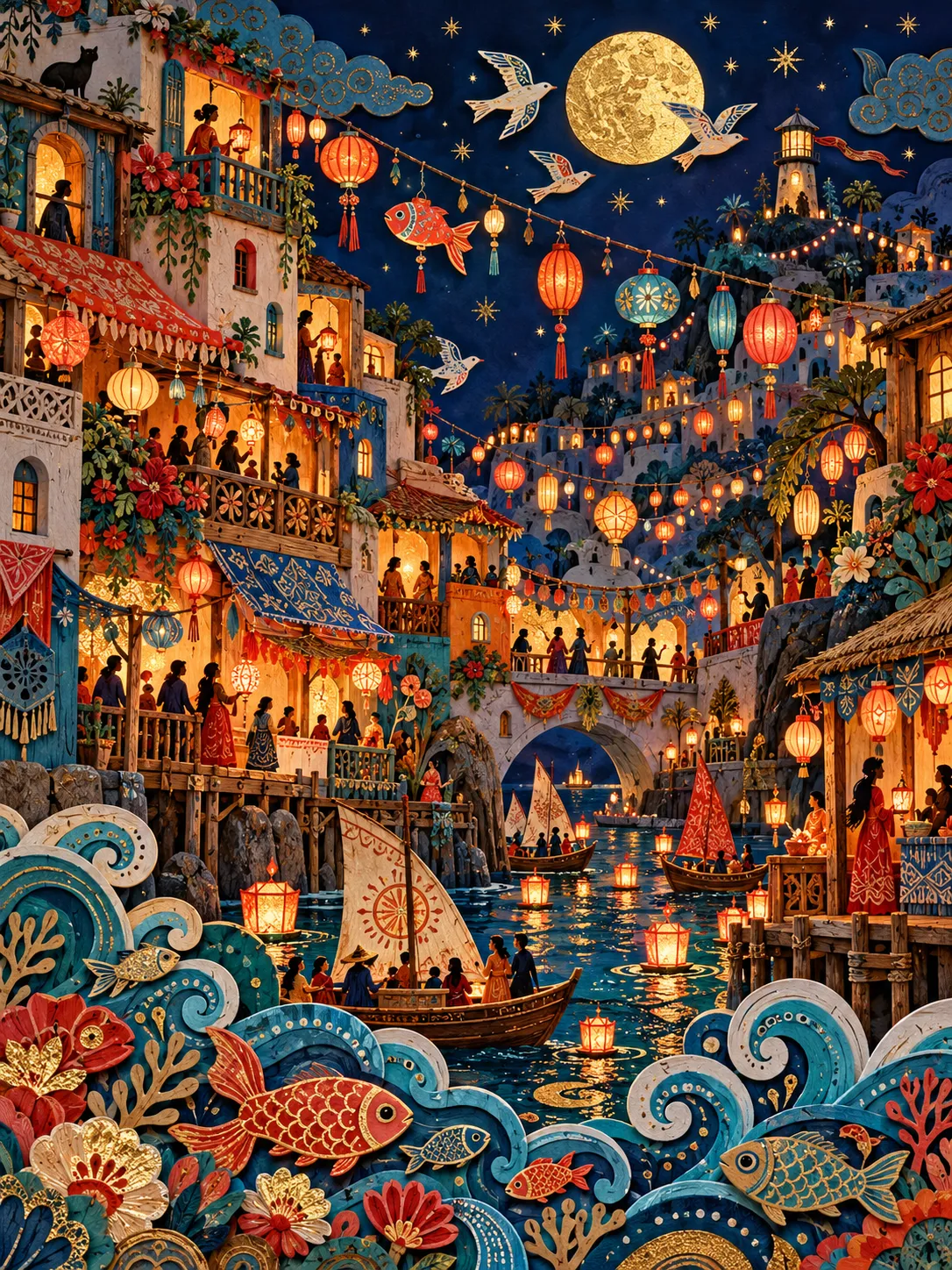 Design a richly detailed folk-art scene depicting a nighttime festival in an imaginary coastal village. Hundreds of handmade lanterns hang between irregular houses, paper-cut waves curl along the bottom of the composition, and stylized fish, birds, flowers, and tiny boats fill the spaces between buildings. Construct the image from layered painted wood, cut paper, woven fibers, and embossed metallic foil. Use strong silhouettes, rhythmic repeating patterns, intricate decorative borders, and a vivid palette of coral red, indigo, saffron, and turquoise. The composition should feel handcrafted and culturally imaginative without copying a specific existing tradition. Rich physical depth, joyful visual density, no text.