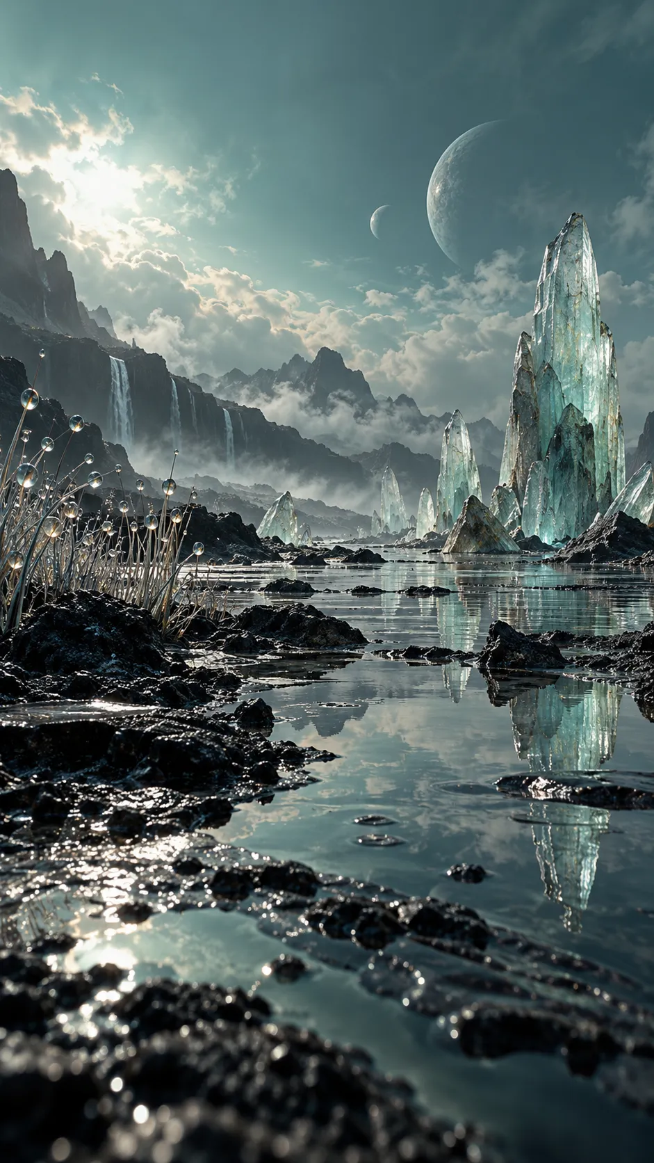 Imagine a deserted alien landscape photographed immediately after an impossible rainstorm. Black volcanic terrain reflects a pale turquoise sky, enormous translucent mineral formations emerge from shallow pools, and fine luminous droplets cling to metallic grass-like structures. In the distance, two small moons appear through a dense atmospheric veil. Avoid familiar spaceships and conventional futuristic architecture. Focus on environmental realism, geological complexity, unusual liquid behavior, and believable atmospheric scattering. Wide-angle landscape composition, low camera position near the reflective ground, restrained cyan and charcoal palette, subtle film grain, naturalistic exposure, large-format science-fiction cinematography, no text.