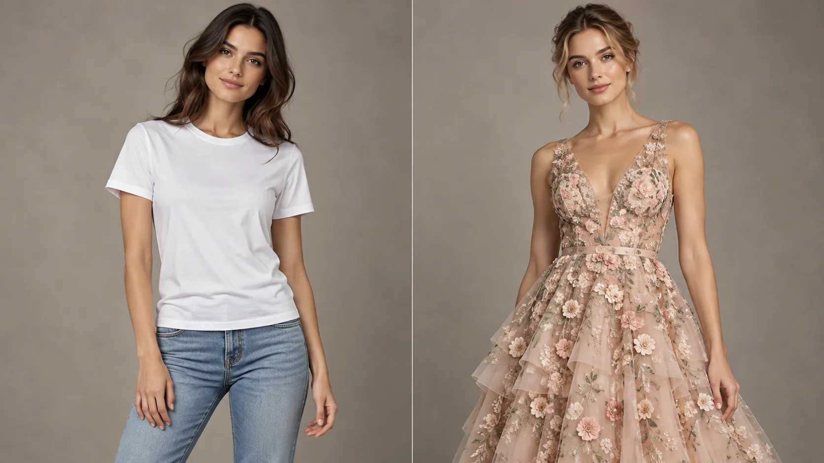 Create a premium side-by-side fashion editorial comparison featuring two adult female models wearing different garments. Left side: A model wearing a clean, minimal white basic T-shirt with a simple silhouette. The fit, shoulder line, sleeve length, neckline, and natural fabric folds should be clearly visible. Right side: A model wearing an elegant embroidered occasion dress with intricate floral embroidery, delicate decorative details, and layered fabric texture. Make the embroidery and garment construction highly visible. Use a balanced composition with both models shown from approximately mid-thigh upward. Keep the models in relaxed natural poses, with the clothing as the main subject. Use soft studio lighting, muted warm-gray backgrounds, realistic fabric details, refined fashion ecommerce photography, and a sophisticated editorial aesthetic. The visual contrast should communicate the difference between a simple garment and a detail-rich garment without implying that one is universally better. No text, no logos, no labels, no watermarks. Landscape 3:2 composition, high resolution.