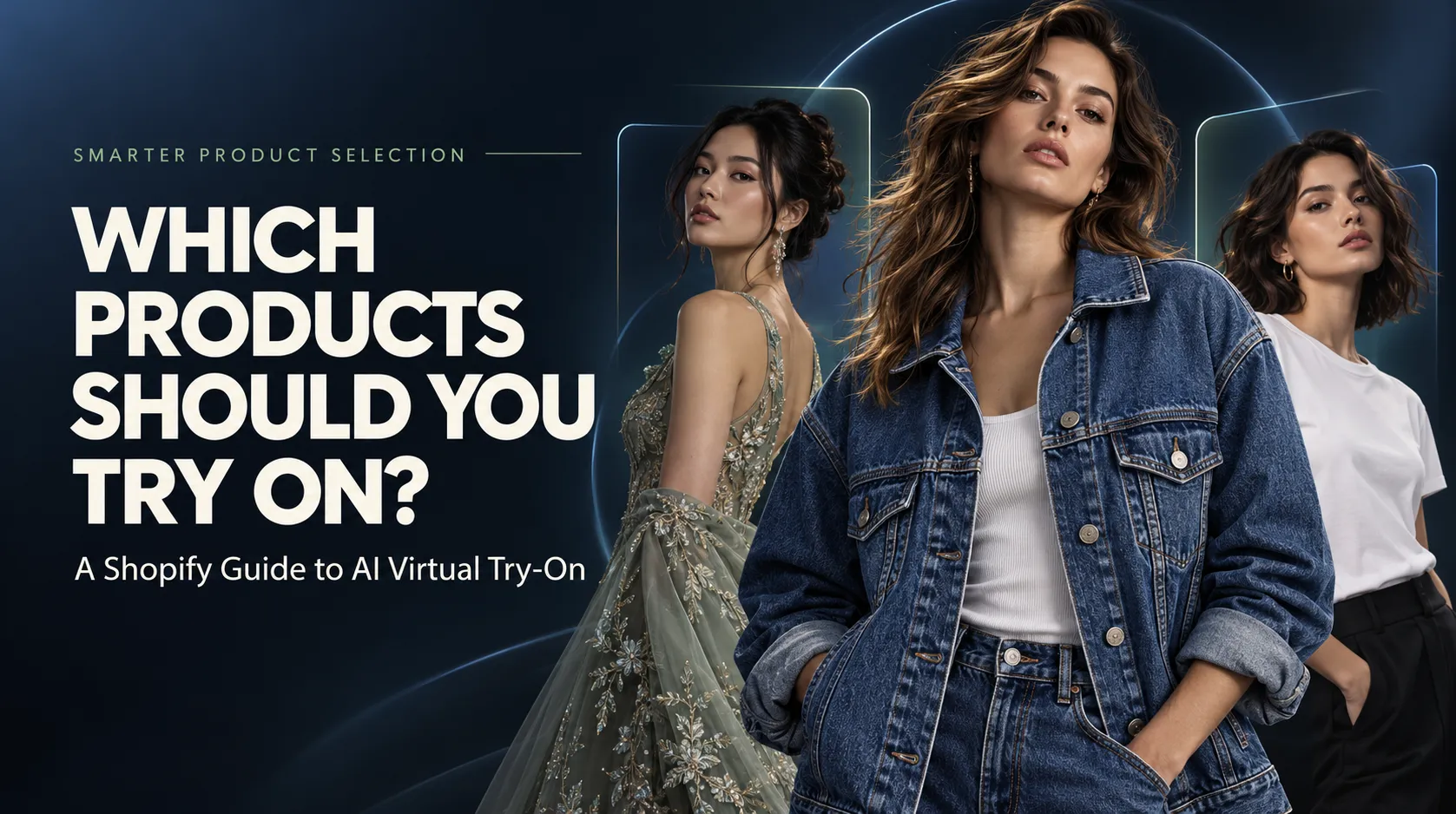 Create a premium, high-conversion Facebook promotional graphic for a fashion ecommerce AI virtual try-on guide. **Canvas:** Landscape 1.91:1 aspect ratio, 1200 × 630 px. **Main concept:** Visually communicate that not every Shopify product is equally suitable for AI virtual try-on. **Composition:** - Right side (approximately 60%): Feature three stylish adult female fashion models in a sophisticated editorial arrangement. The main model wears an oversized indigo denim jacket, clearly showing its silhouette and details. Two smaller supporting models wear an elegant embroidered occasion dress and a simple white T-shirt. All garments should look realistic, with natural proportions, detailed fabric textures, and premium fashion photography quality. - Left side (approximately 40%): Reserve clean negative space for bold, highly legible typography. - Add subtle visual elements inspired by modern AI fashion technology, such as delicate interface lines or understated glowing accents, without making the design look futuristic or cluttered. **Exact headline text:** "WHICH PRODUCTS SHOULD YOU TRY ON?" **Supporting text:** "A Shopify Guide to AI Virtual Try-On" **Small label:** "SMARTER PRODUCT SELECTION" **Art direction:** Premium SaaS meets luxury fashion editorial. Deep charcoal and midnight navy background, subtle electric blue and muted sage accents, refined lighting, realistic models, sophisticated contrast, clean visual hierarchy. The overall design should feel professional, modern, and trustworthy. Make the headline the strongest visual element. Ensure all text is spelled correctly, with generous spacing and strong readability on mobile screens. Keep important elements away from the edges. No fake statistics, no exaggerated claims, no unrelated icons, no watermarks, no additional text, and no distorted hands or clothing details.