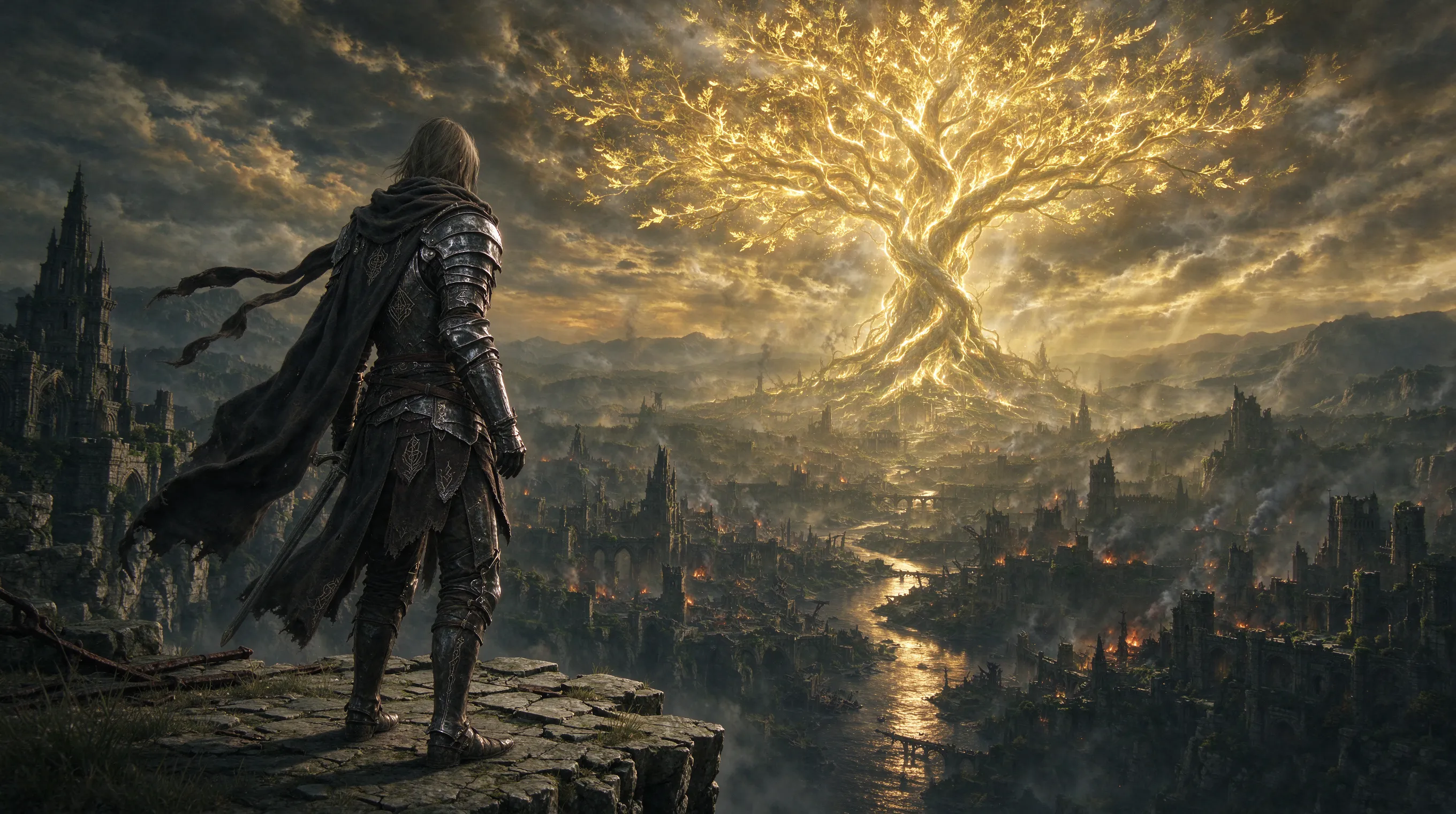 A lone Tarnished warrior standing on a cliff edge, overlooking a vast, decaying fantasy kingdom, the colossal Erdtree glowing in the distance, golden hour lighting, hyper-detailed armor, volumetric fog, cinematic composition, Unreal Engine 5 render, 8k resolution, masterpiece.