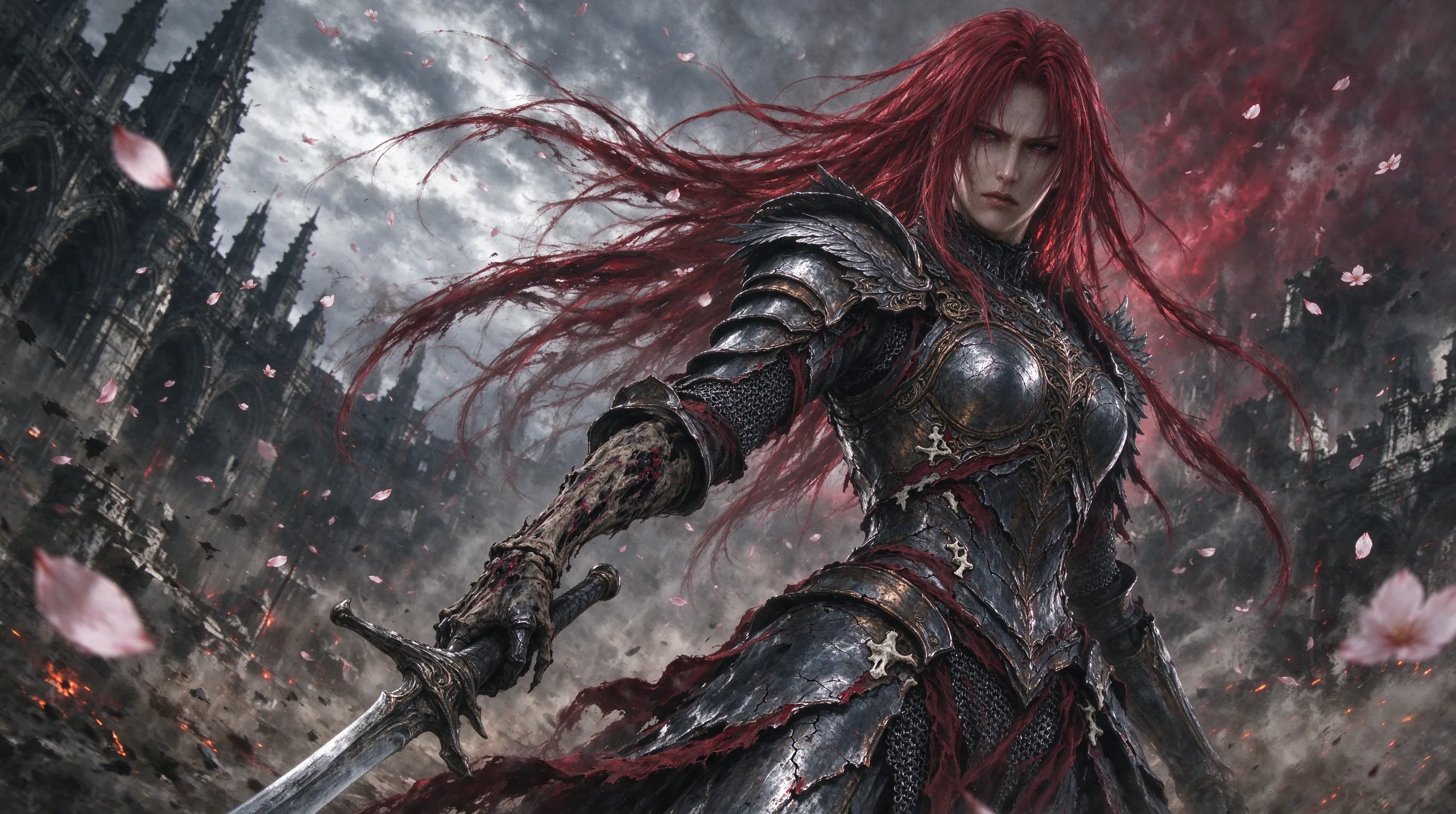 Portrait of Malenia, Blade of Miquella, withered arm, red hair blowing in the wind, wearing ornate valkyrie armor, pink cherry blossom petals falling, intense battle atmosphere, intricate details, sharp focus, digital painting by Greg Rutkowski and Kentaro Miura, dark fantasy aesthetic.