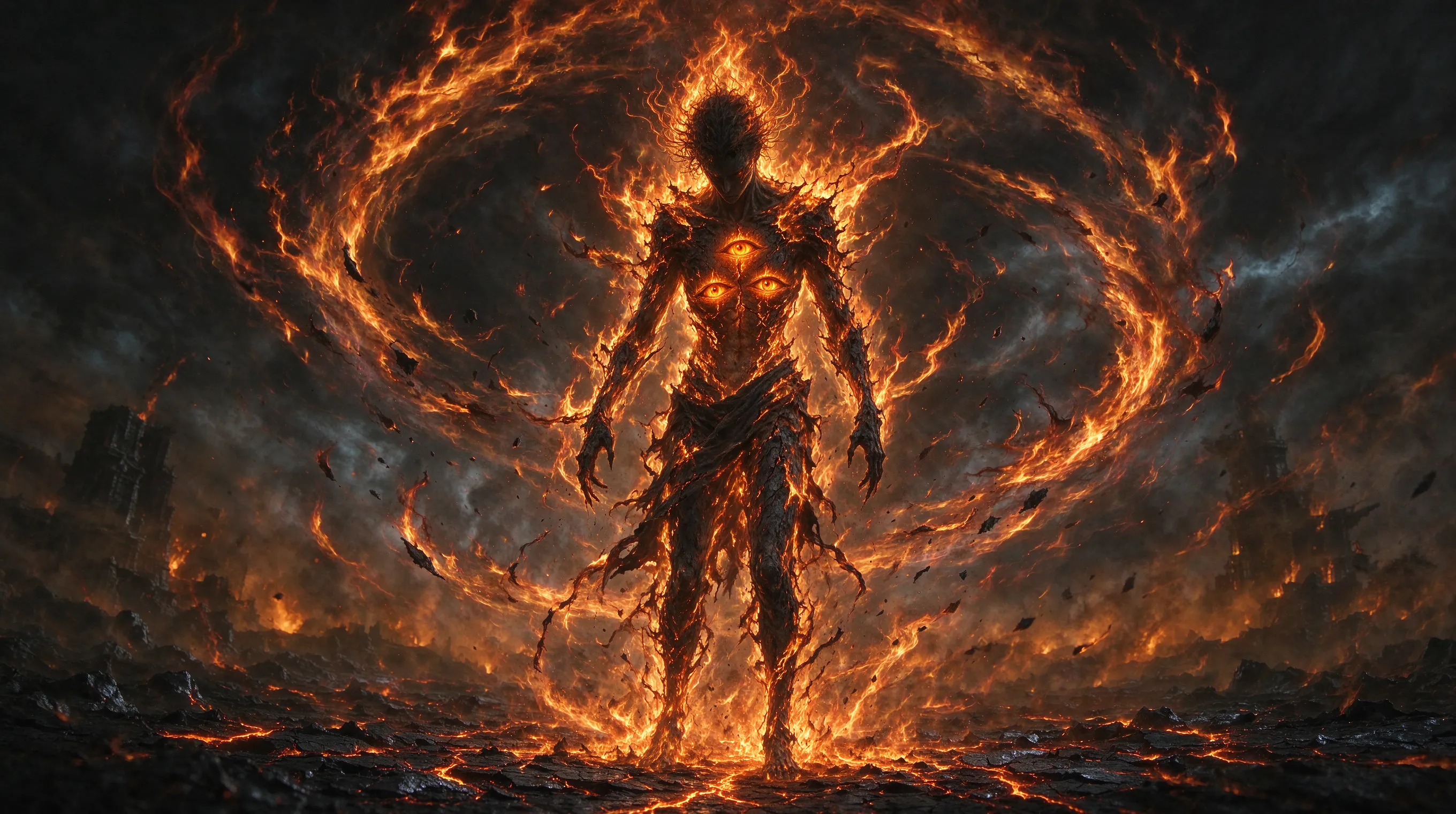 A character consumed by the Frenzied Flame, three eyes glowing on the chest, body melting into chaotic energy, dark and ominous atmosphere, cracked earth, swirling madness, surreal horror, dark fantasy concept art, highly detailed, dramatic lighting.