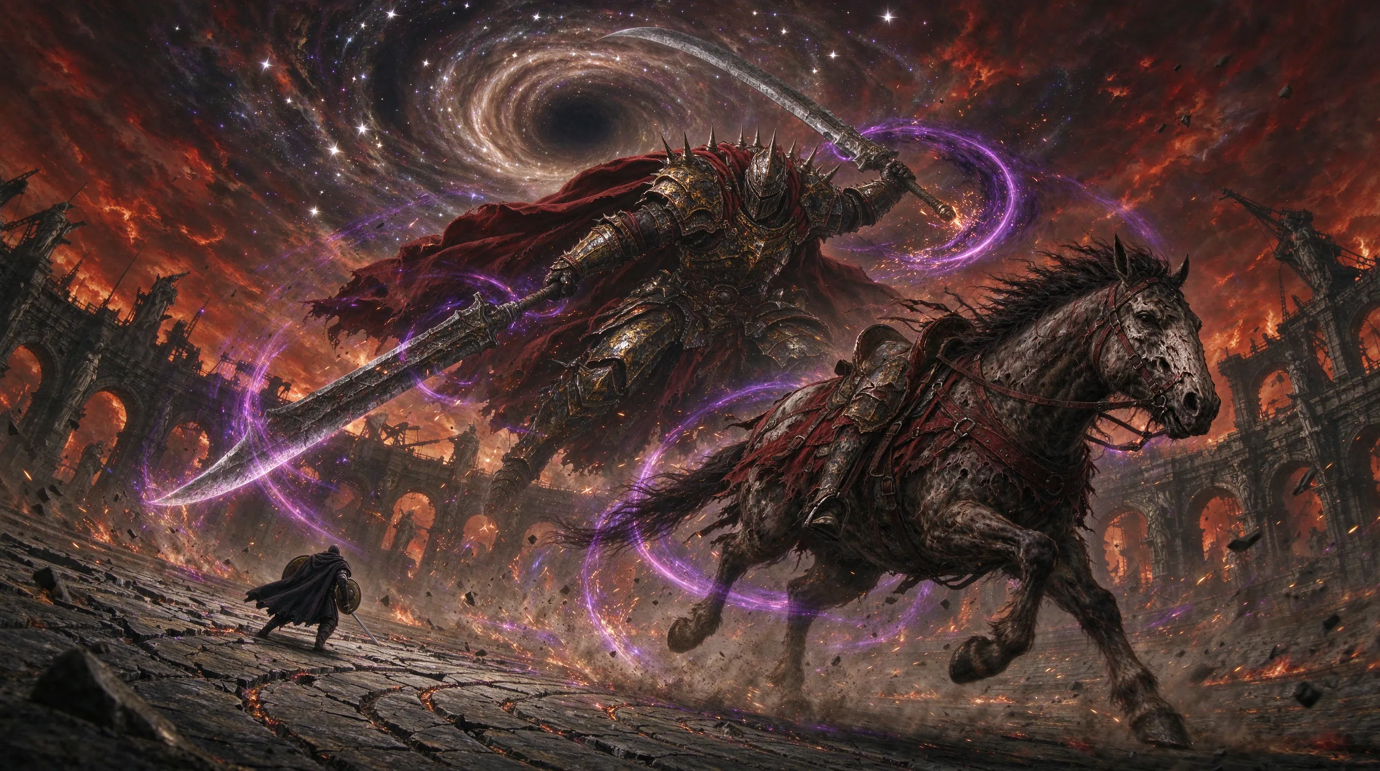 Starscourge Radahn riding his mangy horse Leonard, gravity magic bending the stars in the redmane sky, massive arena, epic boss battle, dynamic pose, sparks and magic particles, highly detailed fantasy art, ArtStation trending, vibrant colors, awe-inspiring scale.